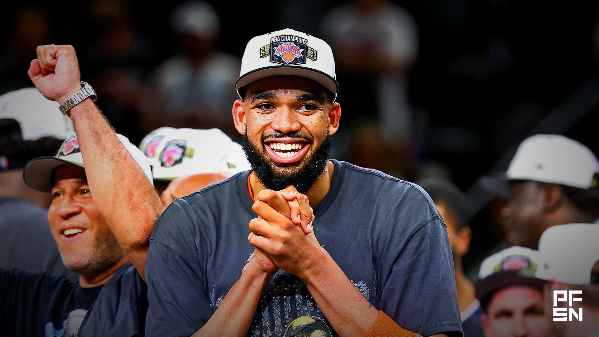 New York Knicks center Karl-Anthony Towns (32) celebrates after the Knicks defeat the San Antonio Spurs during game five of the 2026 NBA Finals at Frost Bank Center.