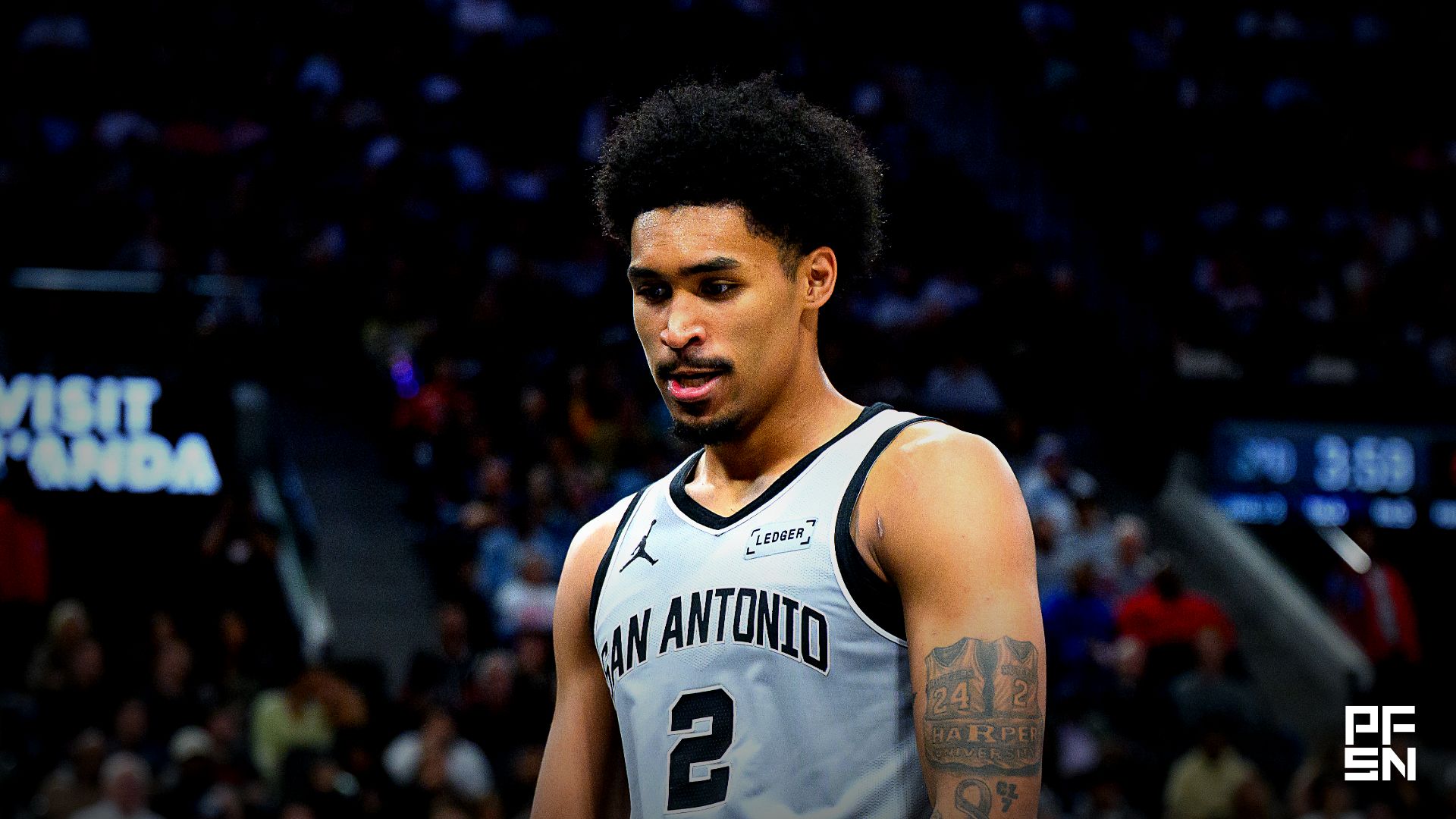 San Antonio Spurs guard Dylan Harper (2) reacts after scoring during the second half against the Los Angeles Clippers at Intuit Dome.