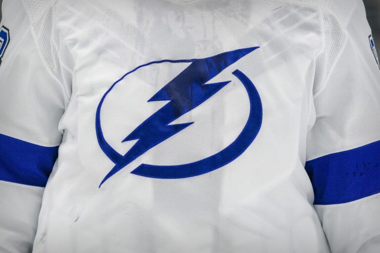 A view of the Lightning logo on the jersey of Tampa Bay Lightning goaltender Andrei Vasilevskiy (88) during the game between the Dallas Stars and the Tampa Bay Lightning at the American Airlines Center.