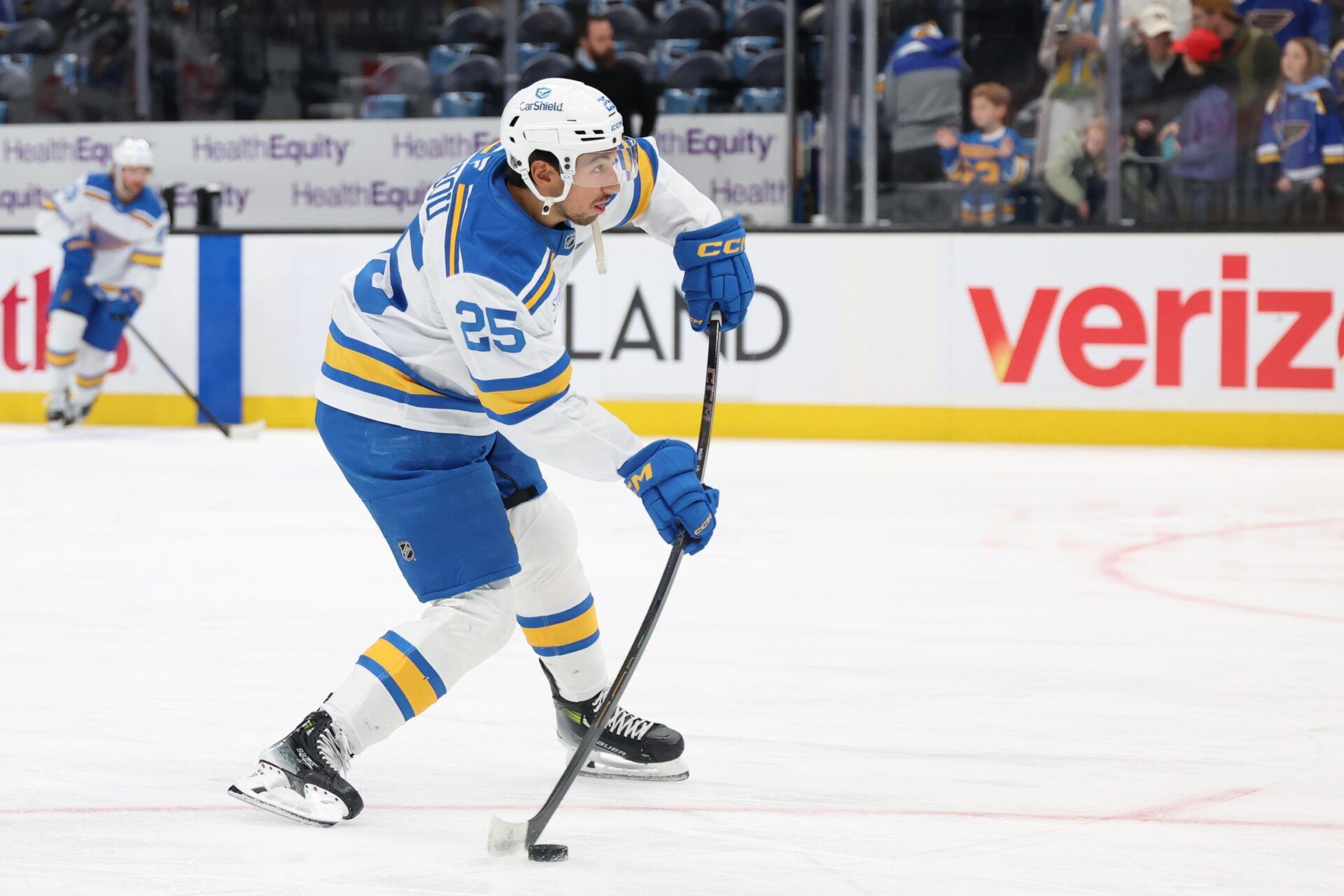 St. Louis Blues right wing Jordan Kyrou (25) warms up before a game against the Utah Mammoth at Delta Center.