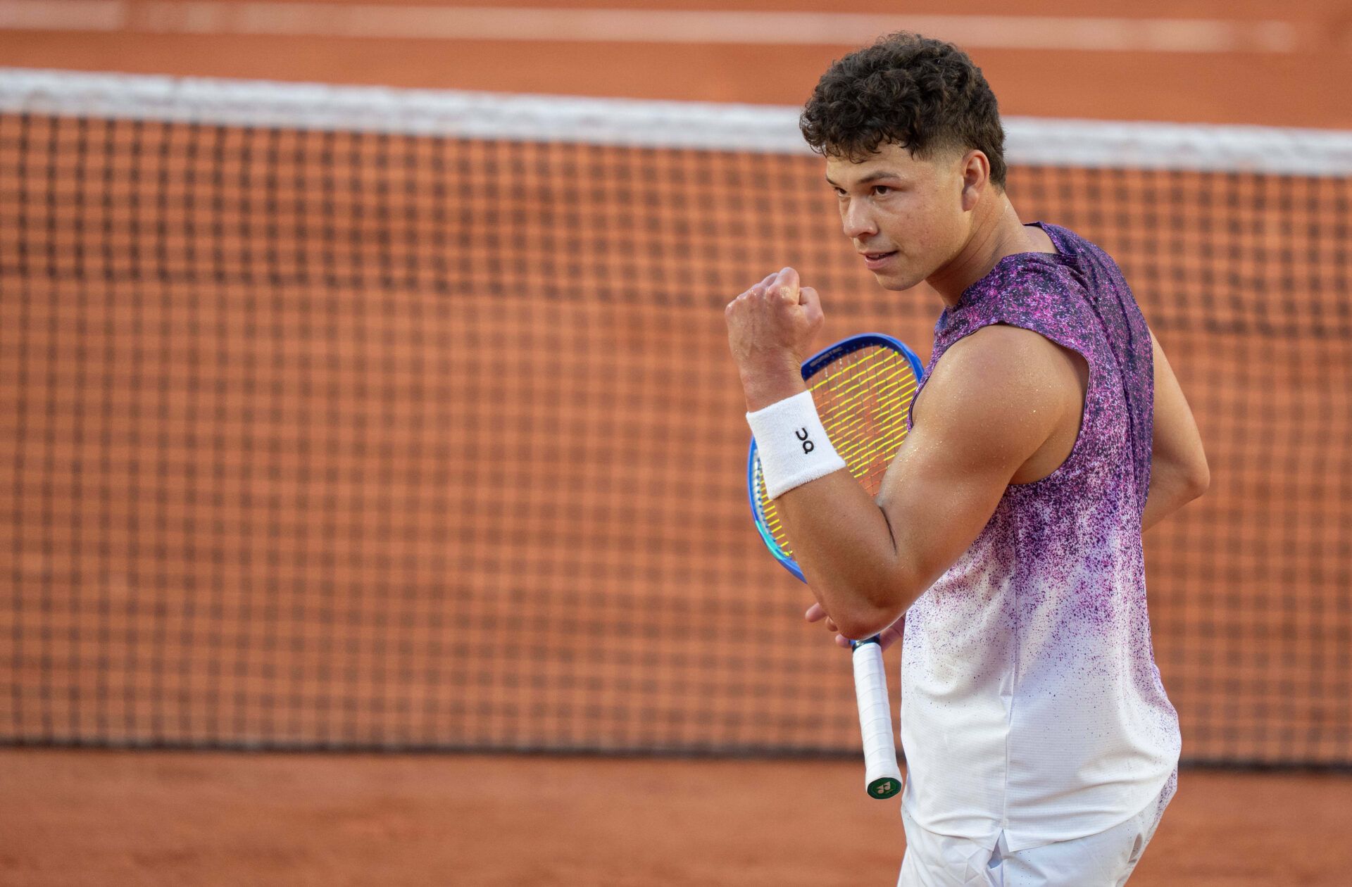 Ben Shelton of the United States reacts during his first round match against Daniel Merida of Spain (not pictured) on day two at Stade Roland Garros.