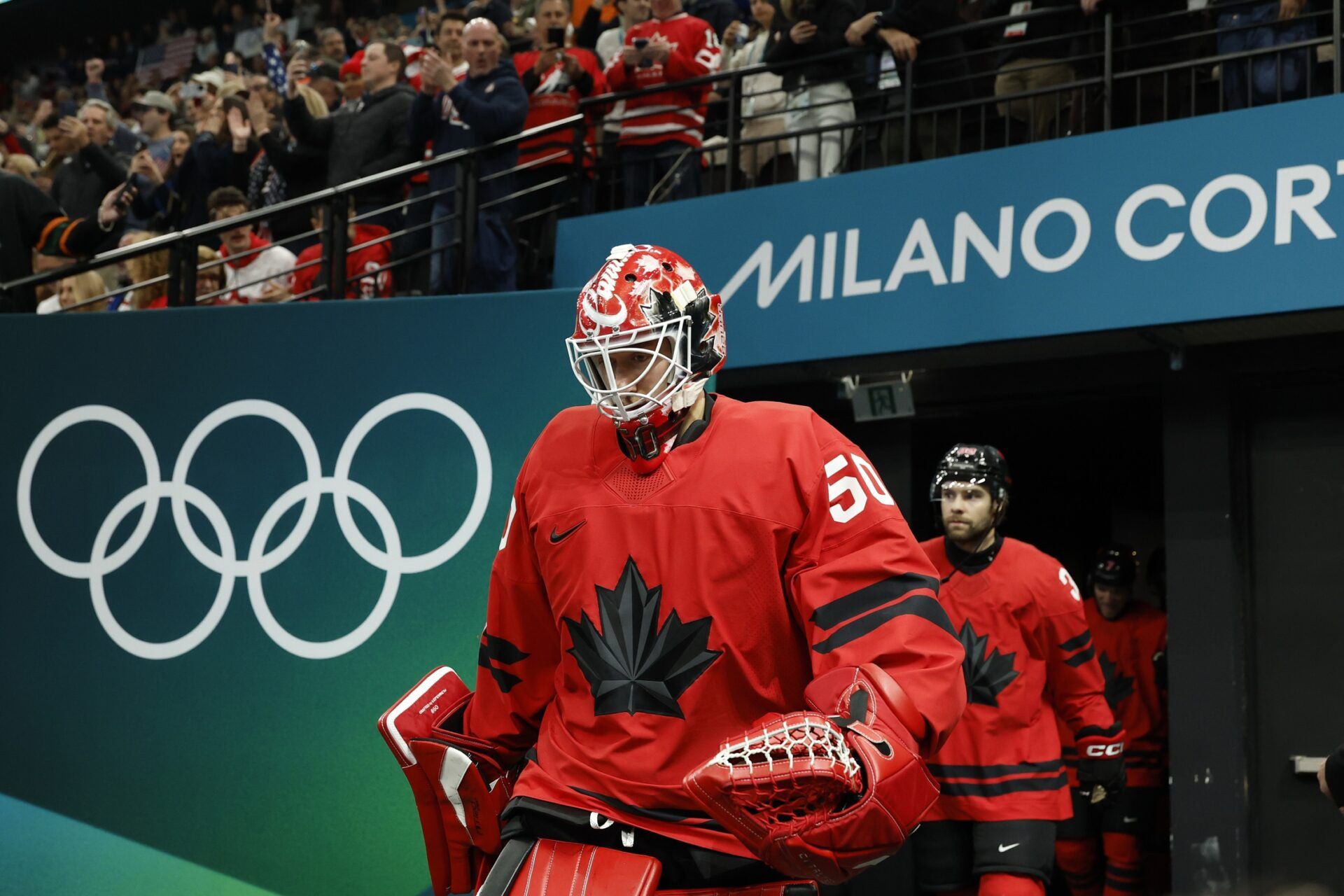 Jordan Binnington #50 of Team Canada leads his team onto the ice prior to the game against Team United States in the Gold Medal Game during the Milano Cortina 2026 Olympic Winter Games at Milano Santagiulia Ice Hockey Arena.