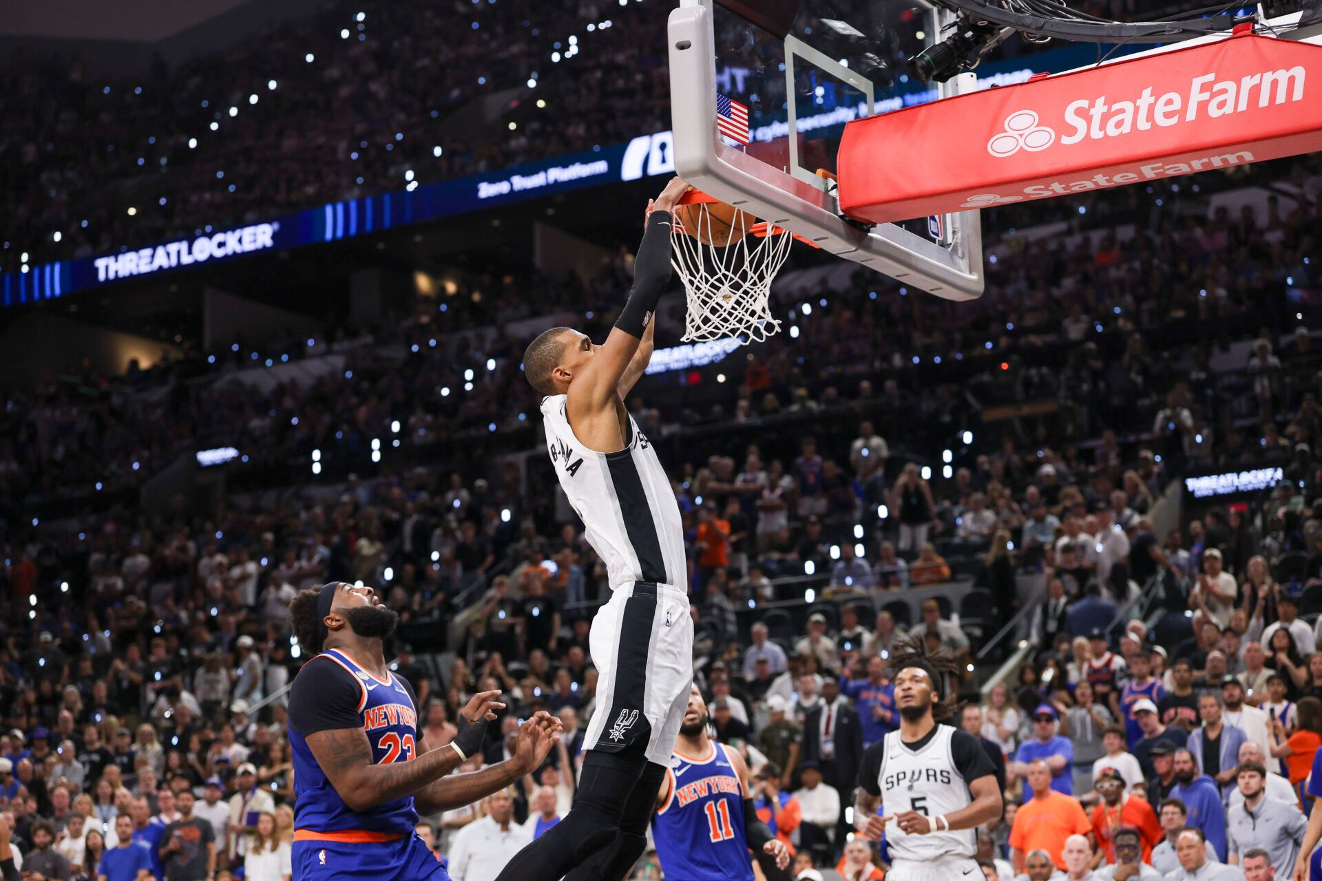 San Antonio Spurs forward Victor Wembanyama (1) dunks the ball during the third quarter during game five of the 2026 NBA Finals at Frost Bank Center.