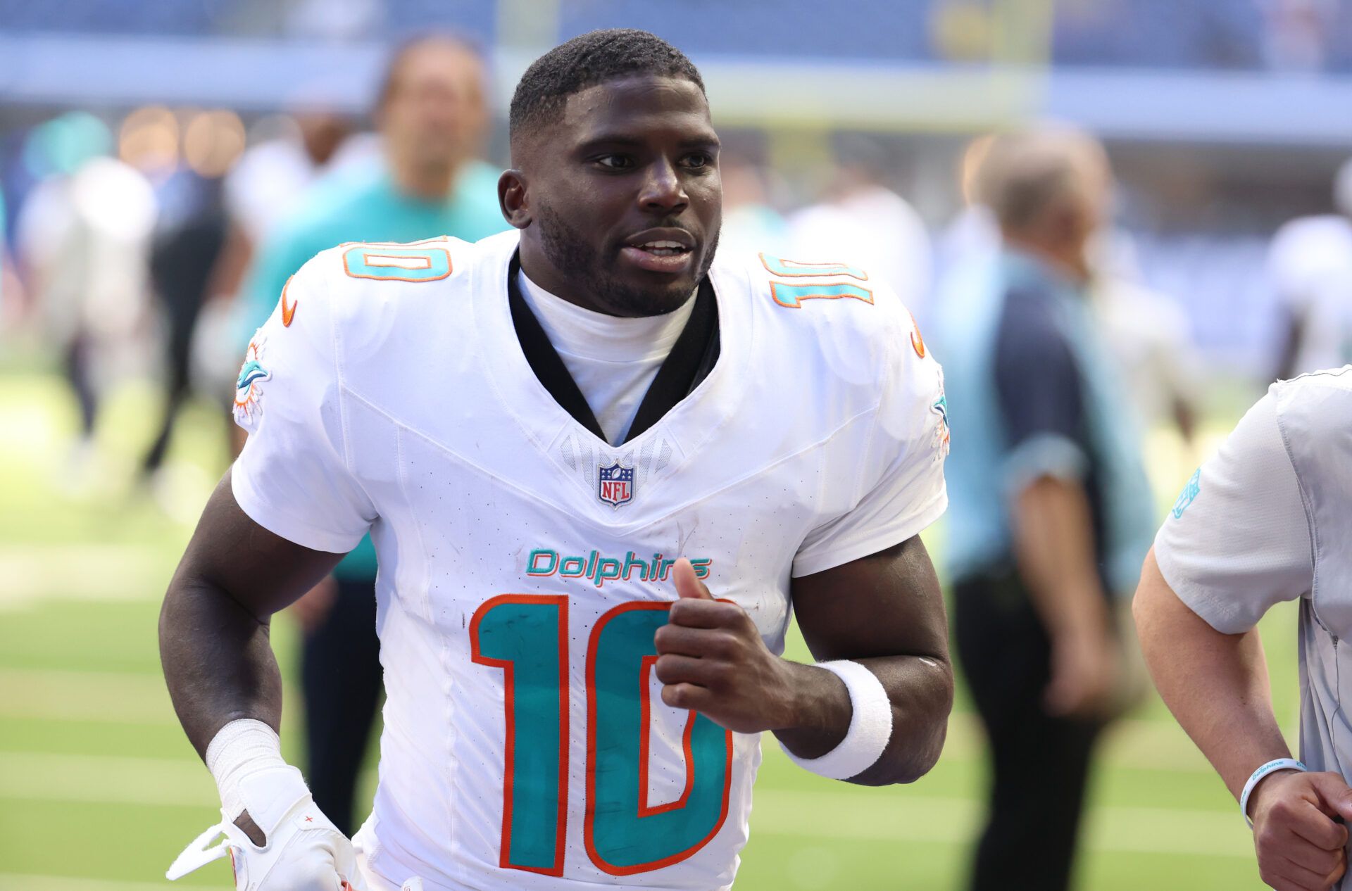 Miami Dolphins wide receiver Tyreek Hill (10) leaves the field after losing to the Indianapolis Colts at Lucas Oil Stadium.