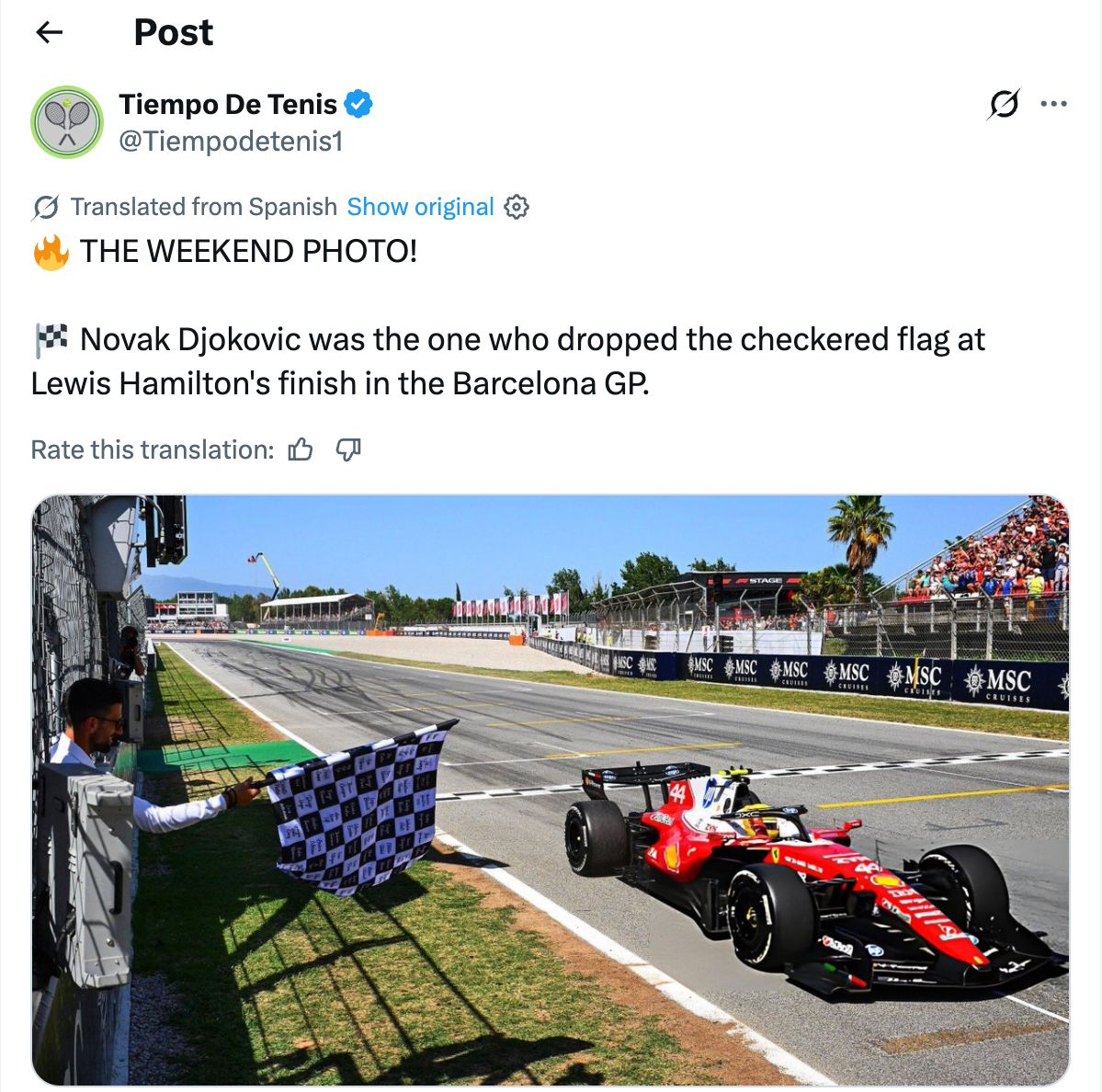Novak Djokovic Waves the Checkered Flag for Lewis Hamilton