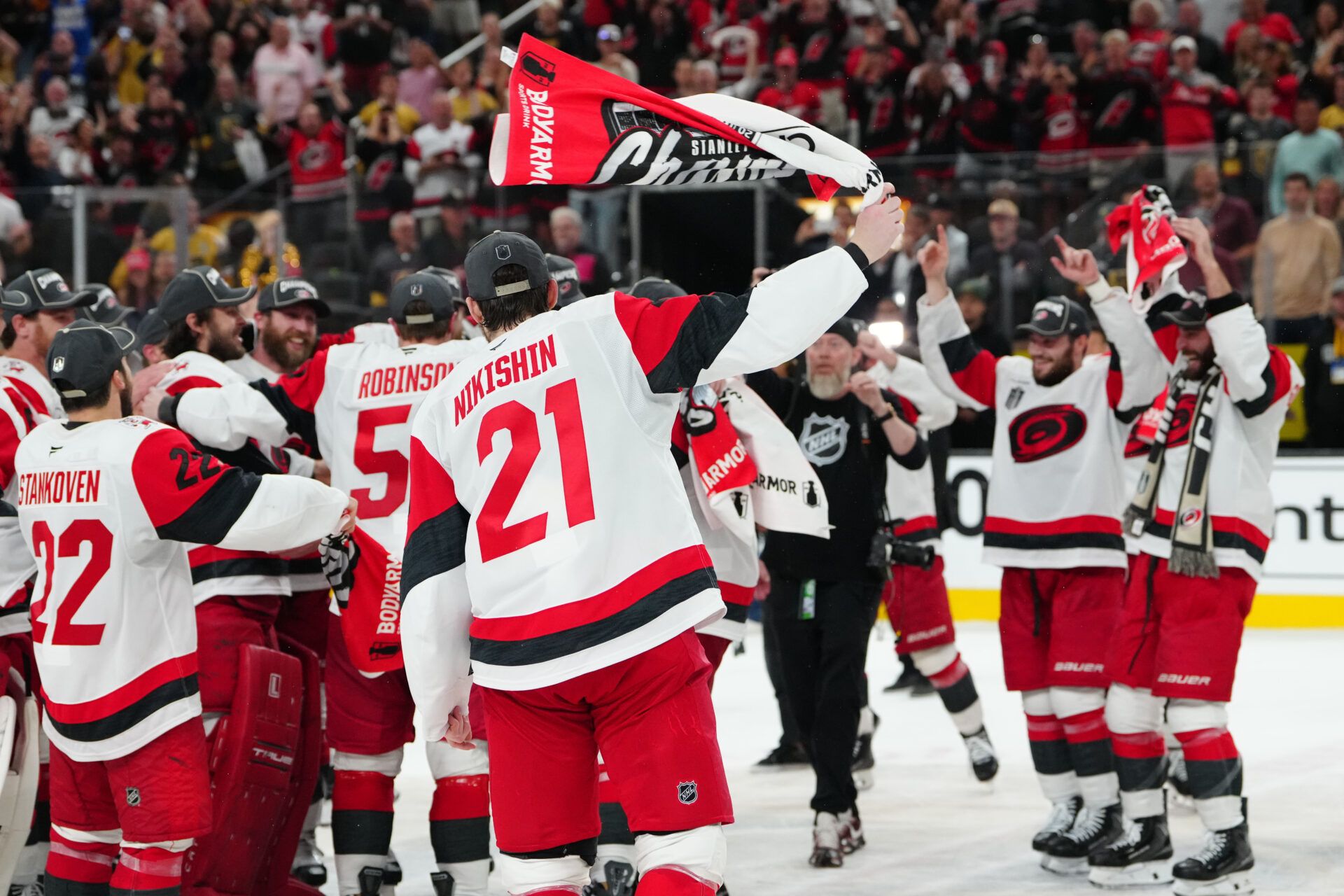 Carolina Hurricanes celebrate defeating Vegas Golden Knights in game six of the 2026 Stanley Cup Final at T-Mobile Arena.