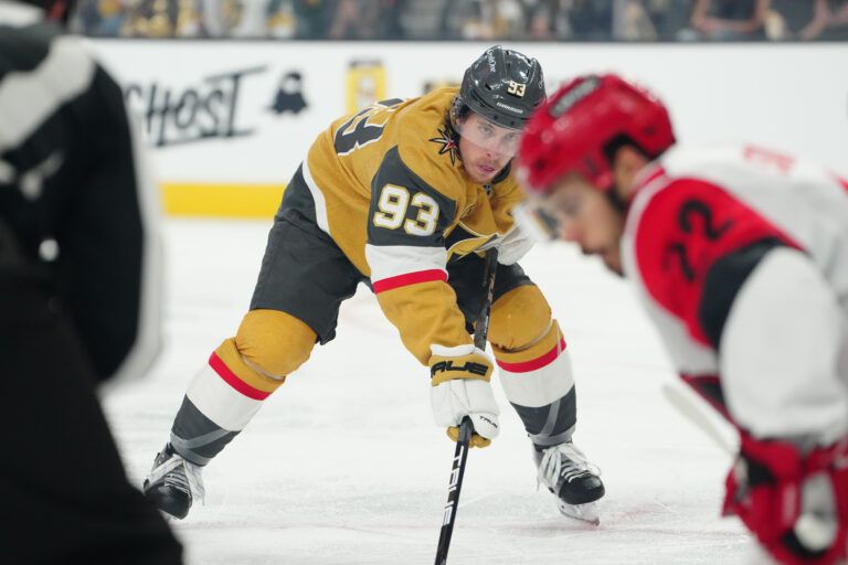Vegas Golden Knights right wing Mitch Marner (93) prepares for a faceoff during the first period against the Carolina Hurricanes in game six of the 2026 Stanley Cup Final at T-Mobile Arena.