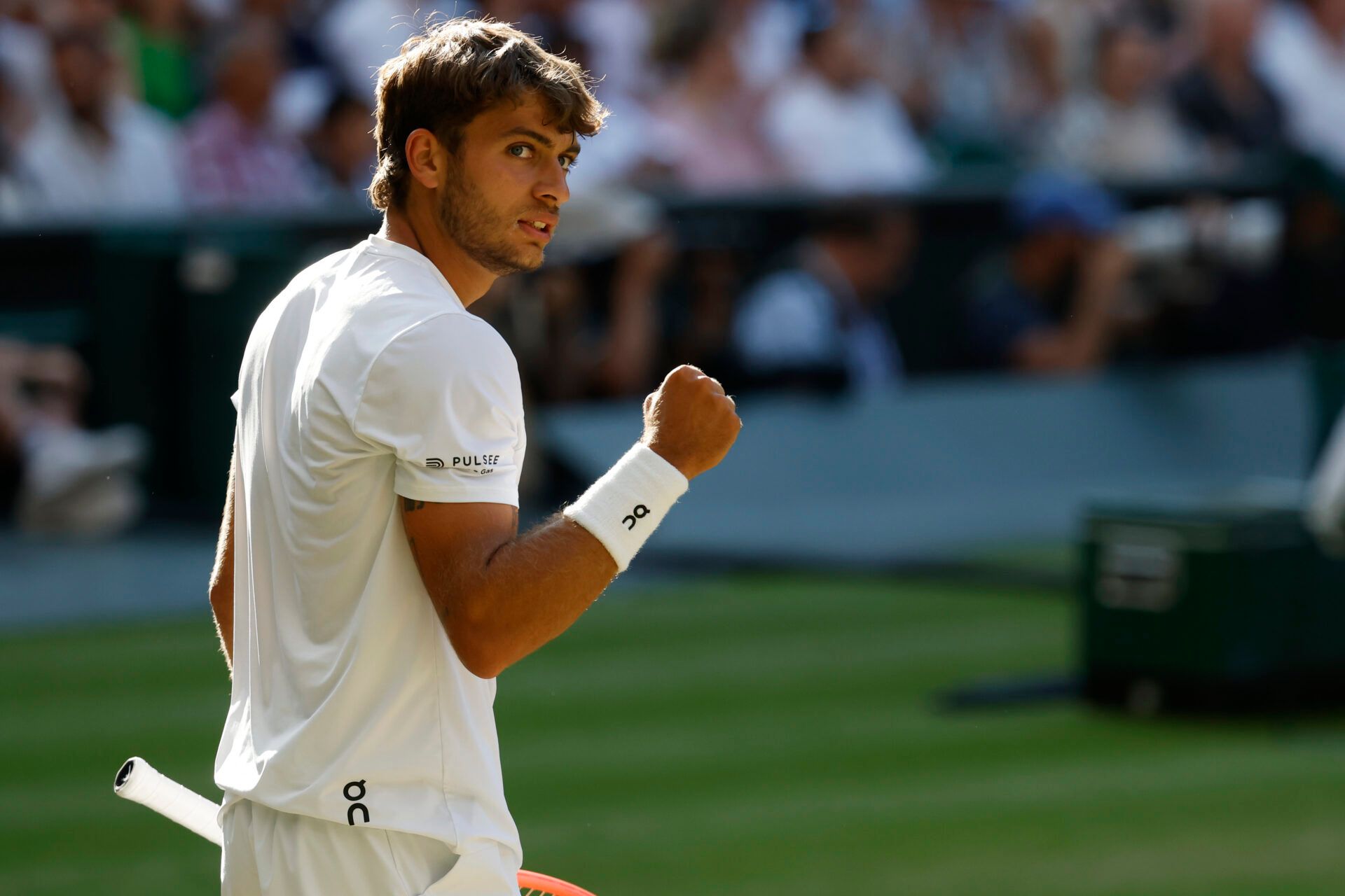 Flavio Cobolli (ITA) reacts after winning a point against Novak Djokovic (SRB)(not pictured) in a gentlemen's singles quarter-final on day ten of these Championships Wimbledon 2025 at All England Lawn Tennis and Croquet Club.