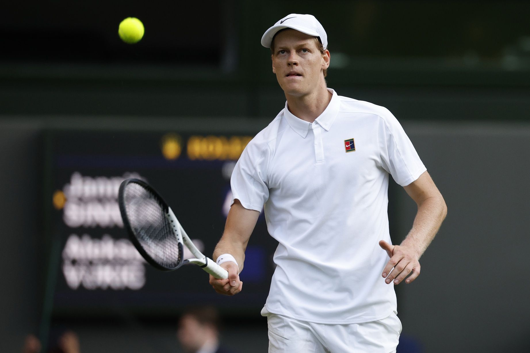 Jannik Sinner (ITA) hits a ball into the stands after match point against Aleksandar Vukic (AUS)(not pictured) on day four of The Championships Wimbledon 2025 at All England Lawn Tennis and Croquet Club.