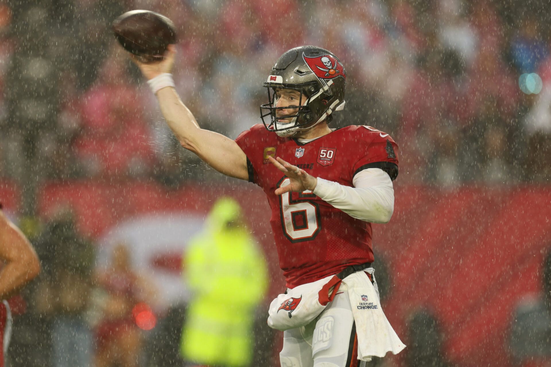 Tampa Bay Buccaneers quarterback Baker Mayfield (6) throws a pass against the Carolina Panthers in the first half at Raymond James Stadium.