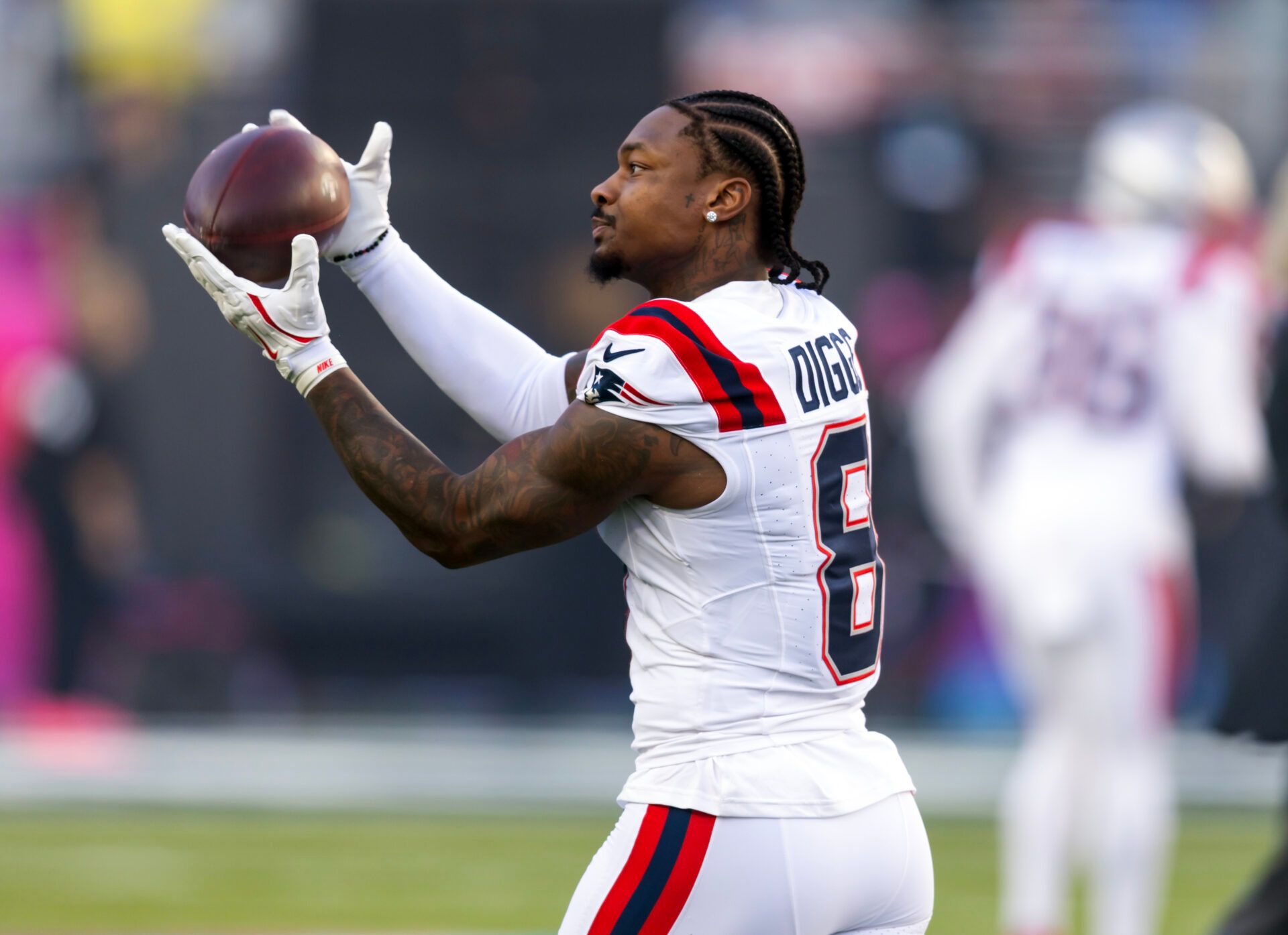 New England Patriots wide receiver Stefon Diggs (8) against the Seattle Seahawks during Super Bowl LX at Levi's Stadium.