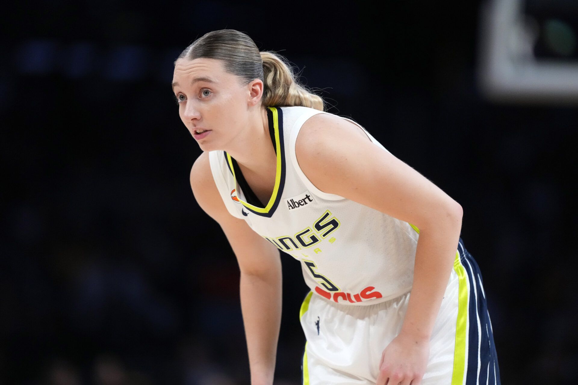 Dallas Wings guard Paige Bueckers (5) reacts against the LA Sparks in the second half at Crypto.com Arena.