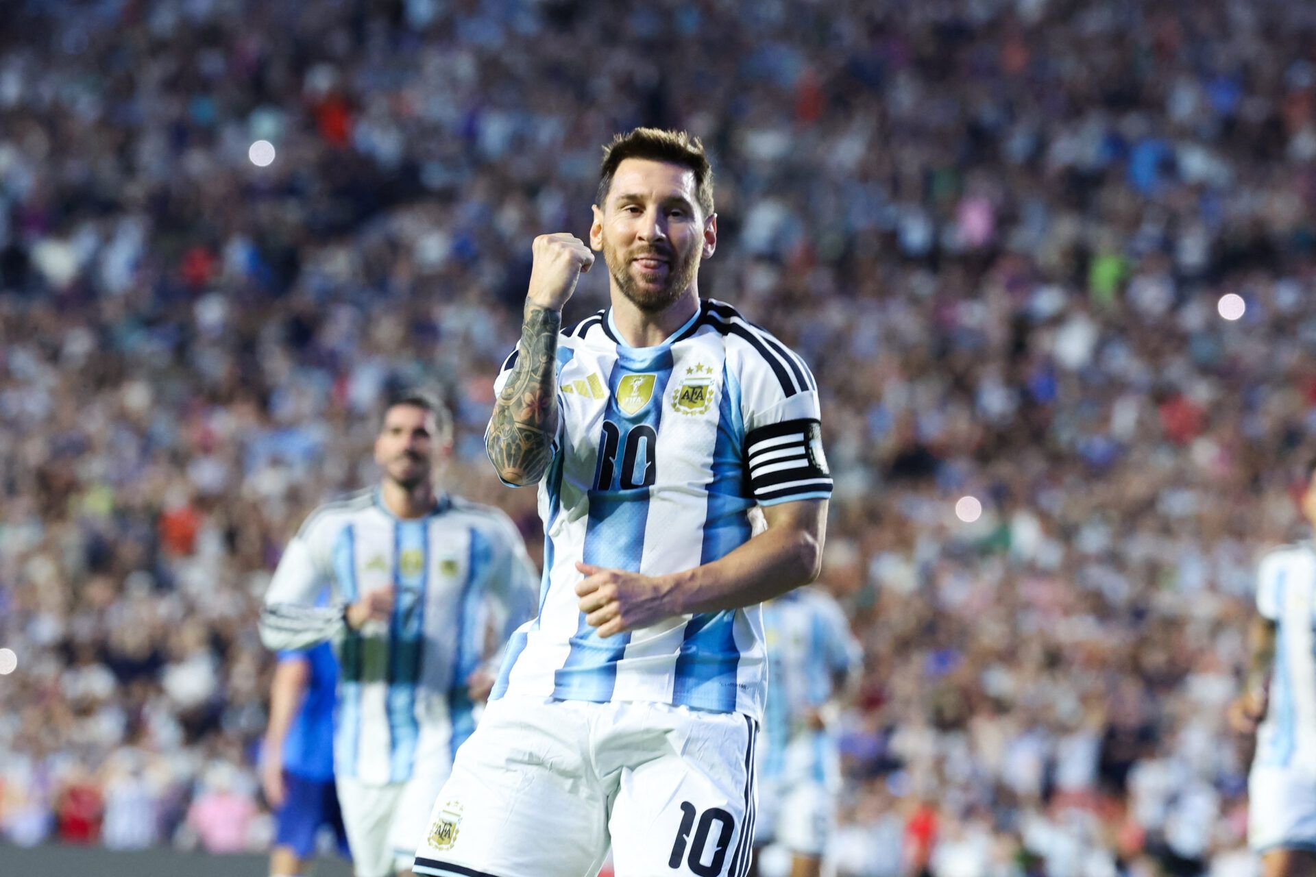 Argentina forward Lionel Messi (10) celebrates after scoring a goal during the second half against Iceland during a Road to 26 men's international friendly at Jordan-Hare Stadium.