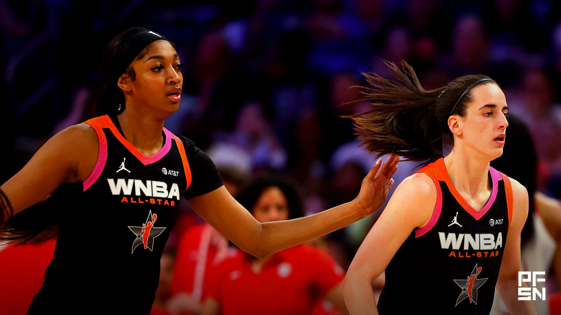 Team WNBA guard Caitlin Clark (right) and Angel Reese against the USA Women's National Team during the 2024 WNBA All Star Game at Footprint Center.