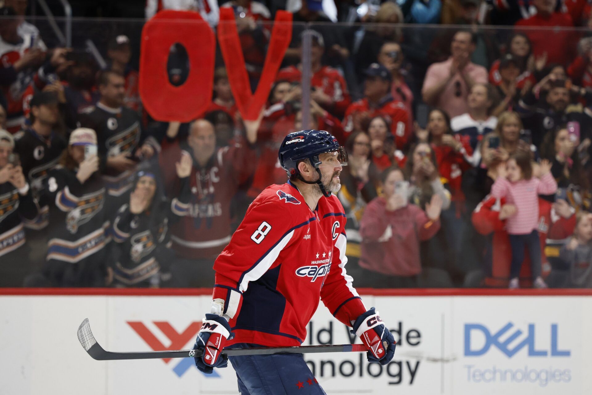 Washington Capitals left wing Alex Ovechkin (8) skates off the ice after the Capitals' game against the Pittsburgh Penguins at Capital One Arena.