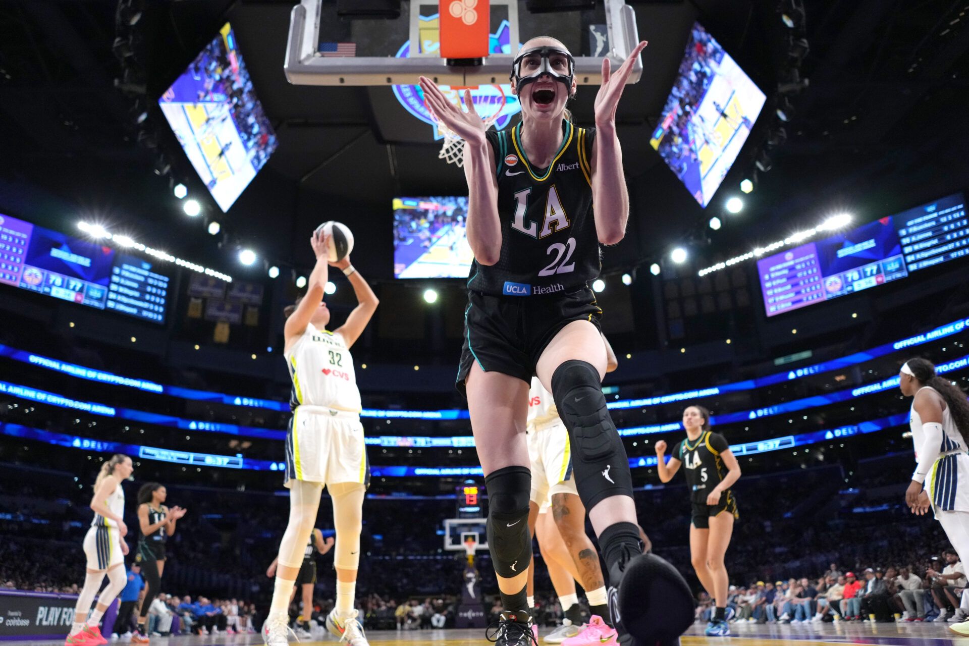 LA Sparks forward Cameron Brink (22) celebrates against the Dallas Wings in the second half at Crypto.com Arena.