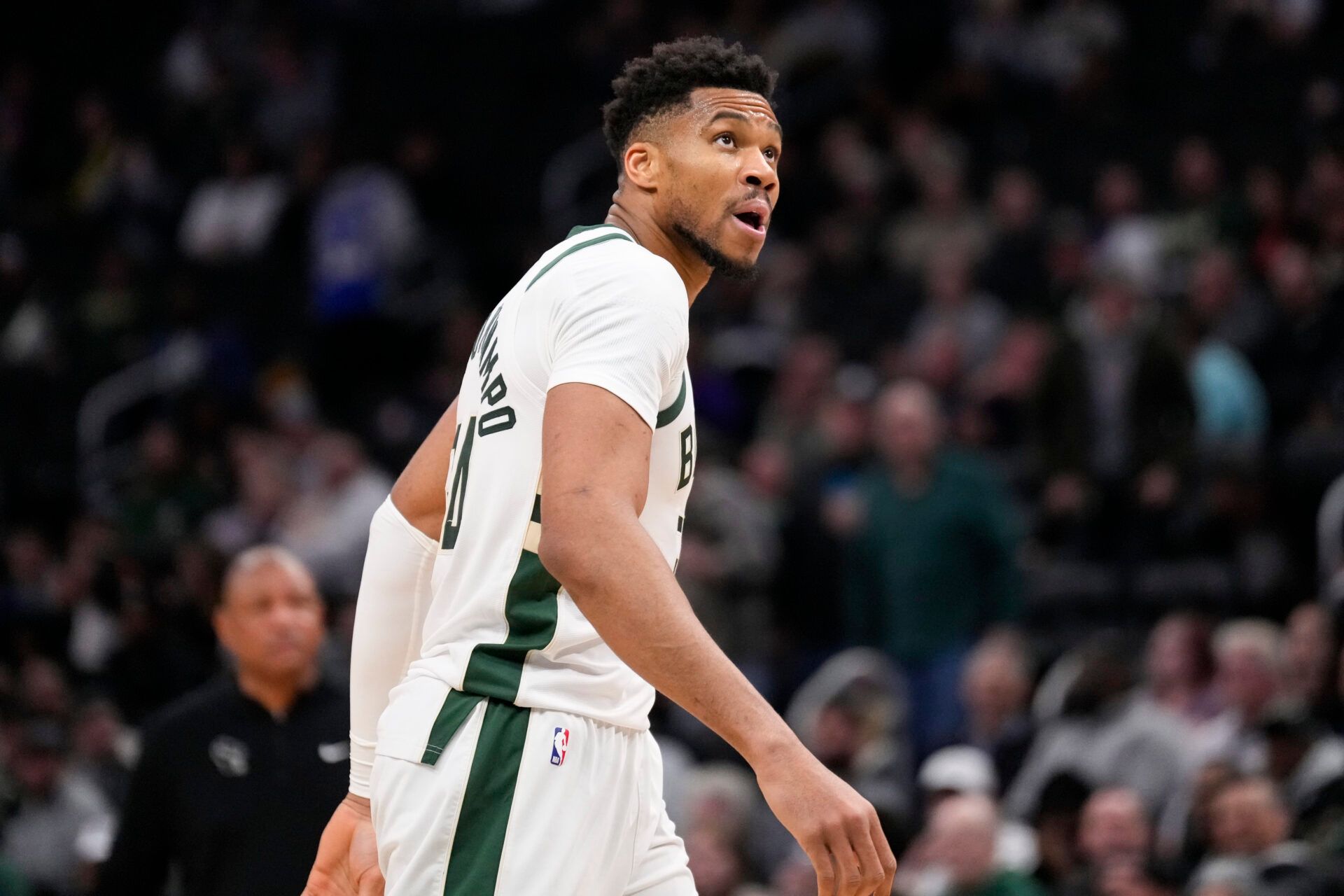 Milwaukee Bucks forward Giannis Antetokounmpo (34) walks off the court during the second quarter against the Phoenix Suns at Fiserv Forum.