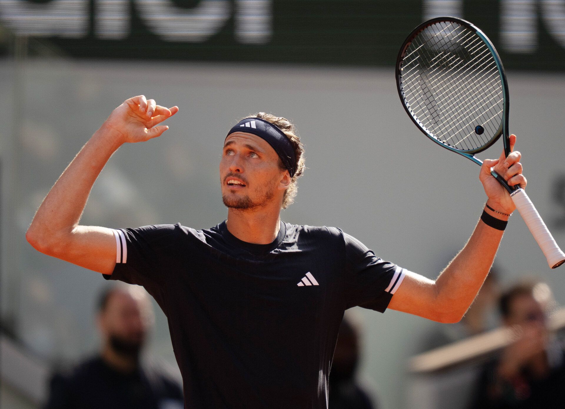 Alexander Zverev of Germany reacts during the mens singles final against Flavio Cobolli of Italy on day 15  at Stade Roland Garros.