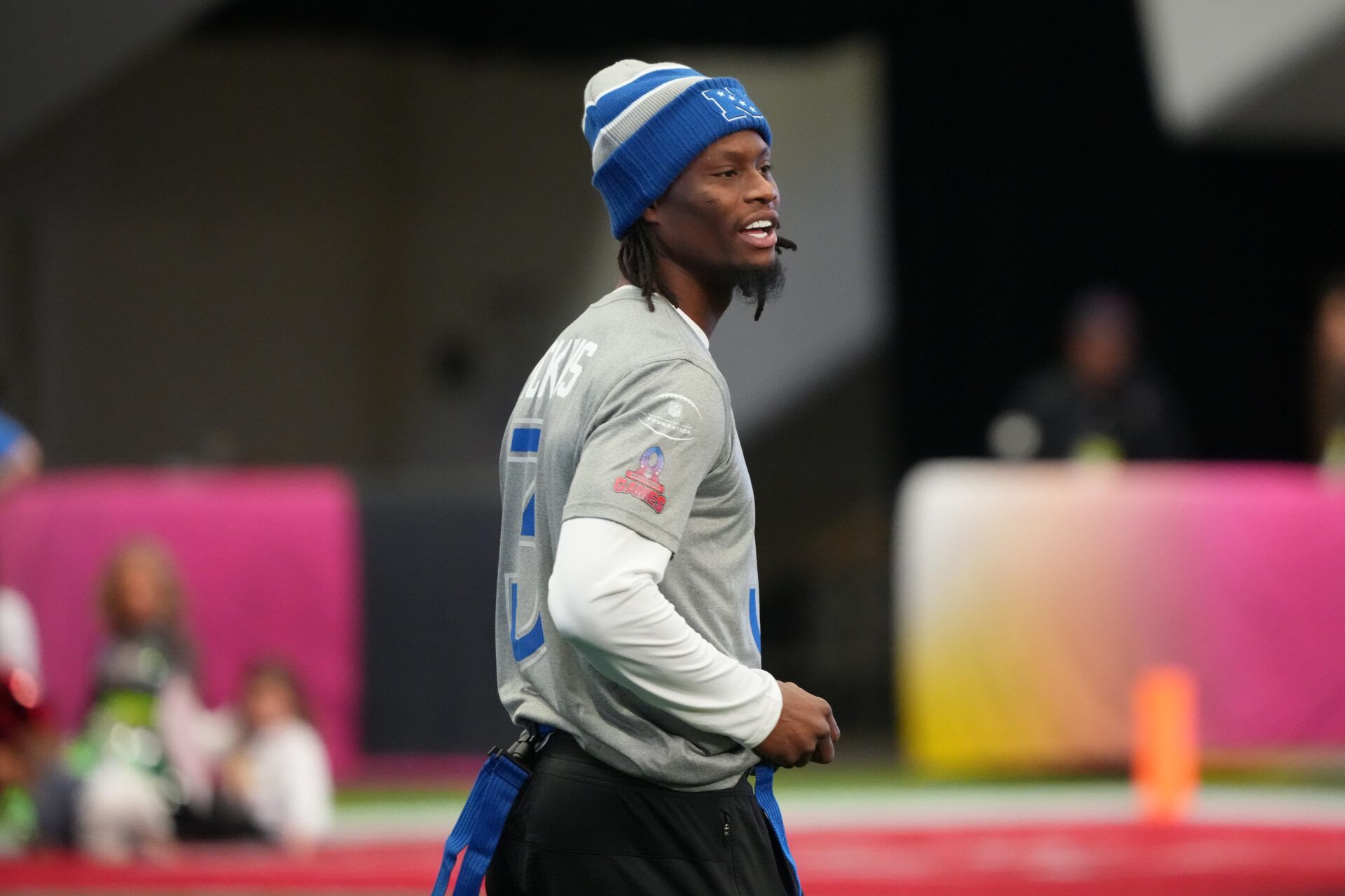 Dallas Cowboys receiver George Pickens during NFC practice at the NFL Flag Fieldhouse at Moscone Center South Building.