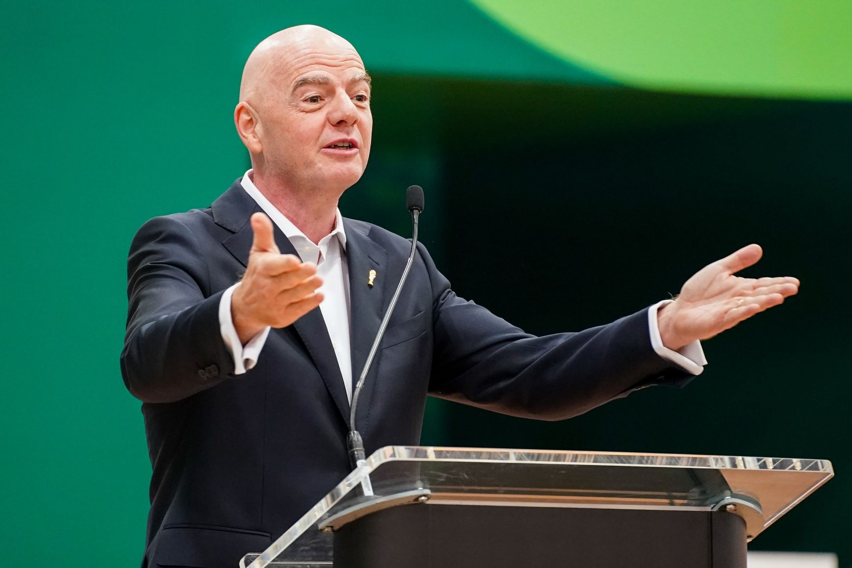 FIFA President Gianni Infantino speaks during the grand opening of the 2026 FIFA World Cup international broadcast center at Kay Bailey Hutchison Convention Center.