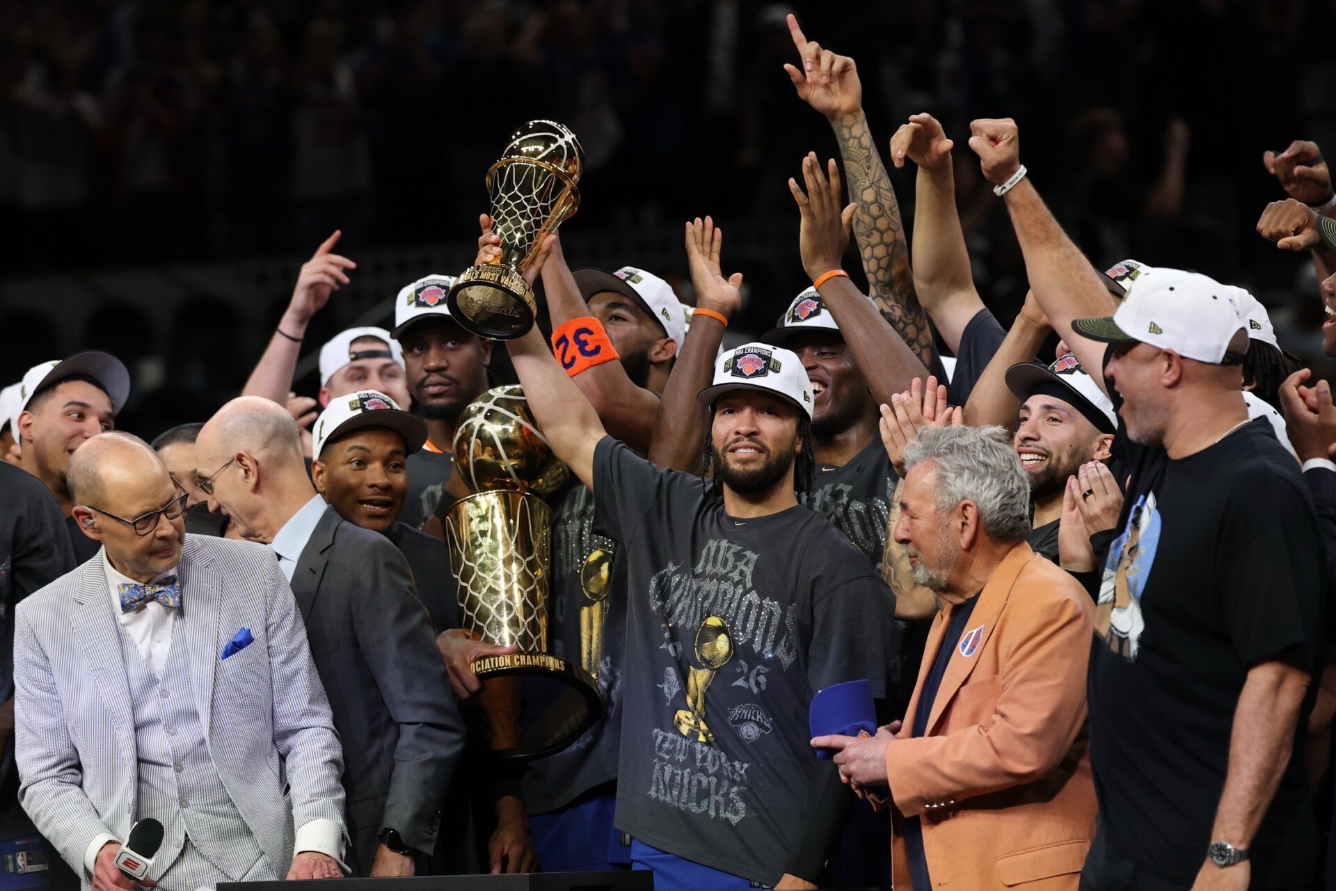 New York Knicks guard Jalen Brunson holds the Finals MVP trophy during the championship celebration after game five of the 2026 NBA Finals against the San Antonio Spurs at Frost Bank Center.