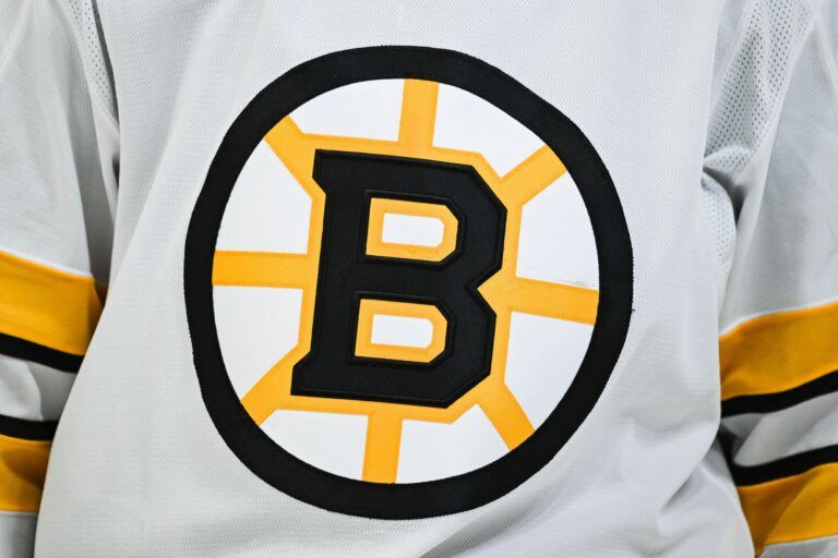 View of a Boston Bruins logo on a jersey worn by a member of the team during the second period at Bell Centre.