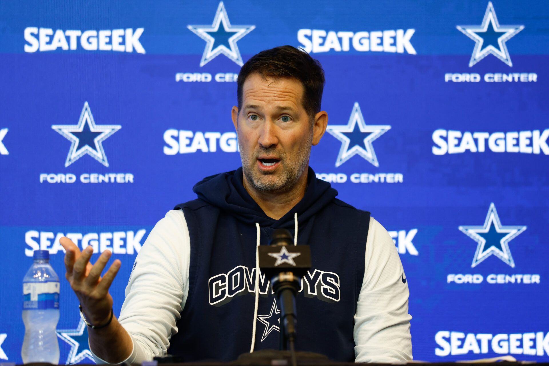 Dallas Cowboys head coach Brian SchottenheimerÊaddresses the media before practice at the Ford Center at the Star Training Facility in Frisco, Texas.