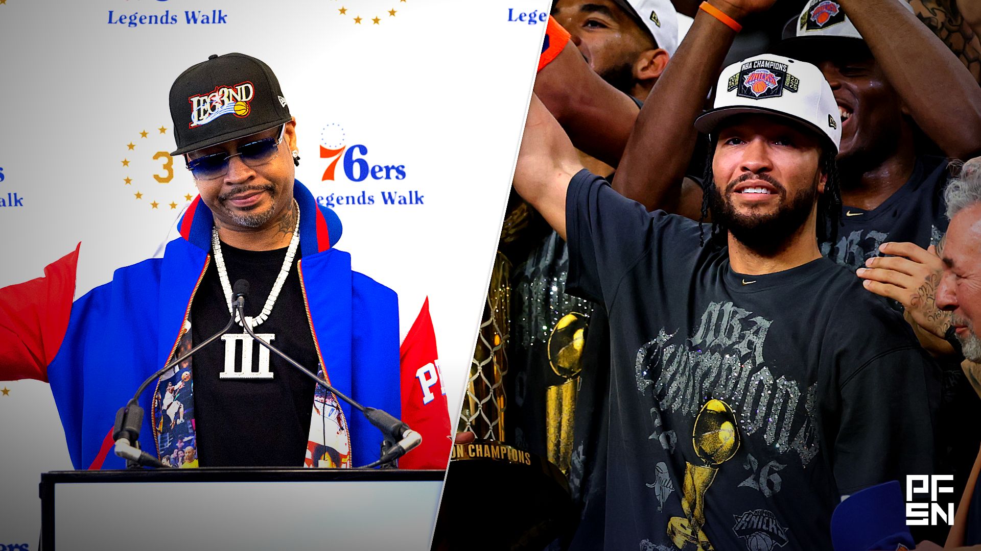 Collage featuring NBA: Philadelphia 76ers-Iverson Statue Ceremony and NBA: Finals-New York Knicks at San Antonio Spurs.
Bill Streicher-USA TODAY Sports / Geoff Burke-Imagn Images