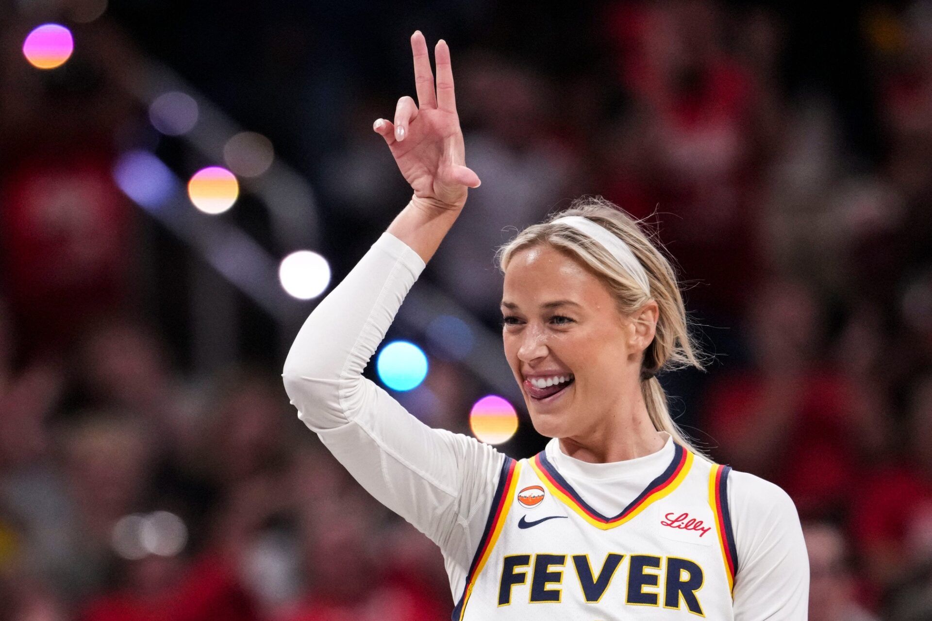 Indiana Fever guard Sophie Cunningham (8) celebrates a 3-pointer Tuesday, June 16, 2026, during the first half of a game at Gainbridge Fieldhouse in Indianapolis.