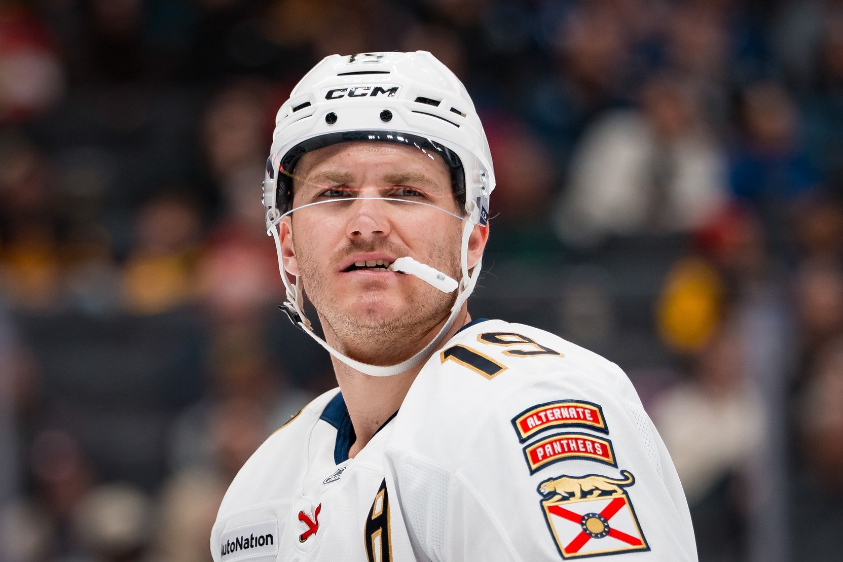 Florida Panthers forward Matthew Tkachuk (19) during a stop in play against the Vancouver Canucks in the third period at Rogers Arena.