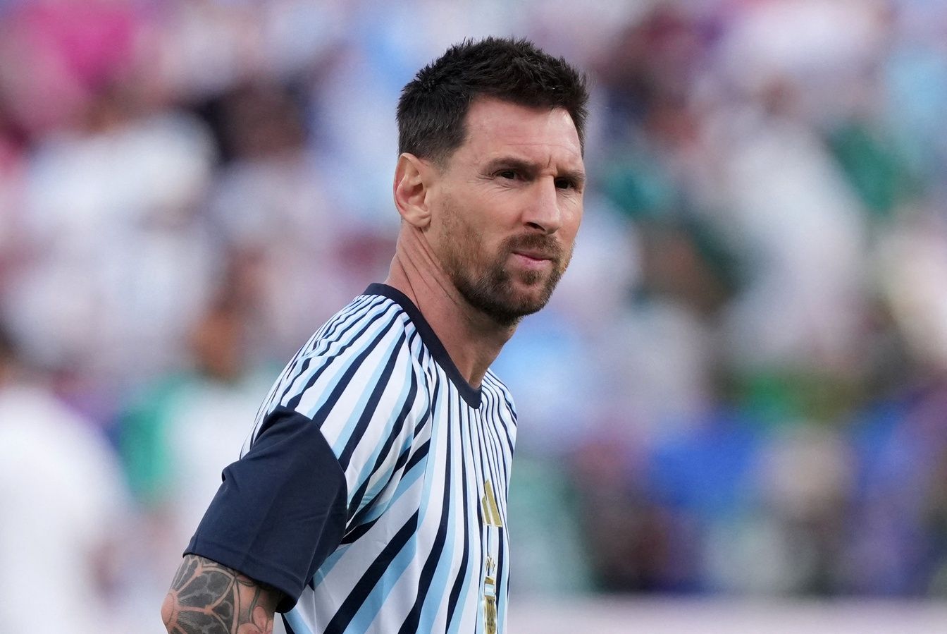 Argentina's Lionel Messi during the warm up before the match.