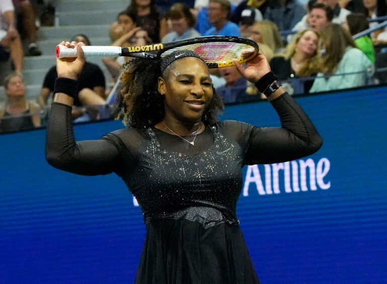 Serena Williams of the USA after a miss to Ajla Tomljanovic of Australia on day five of the 2022 U.S. Open tennis tournament at USTA Billie Jean King National Tennis Center.