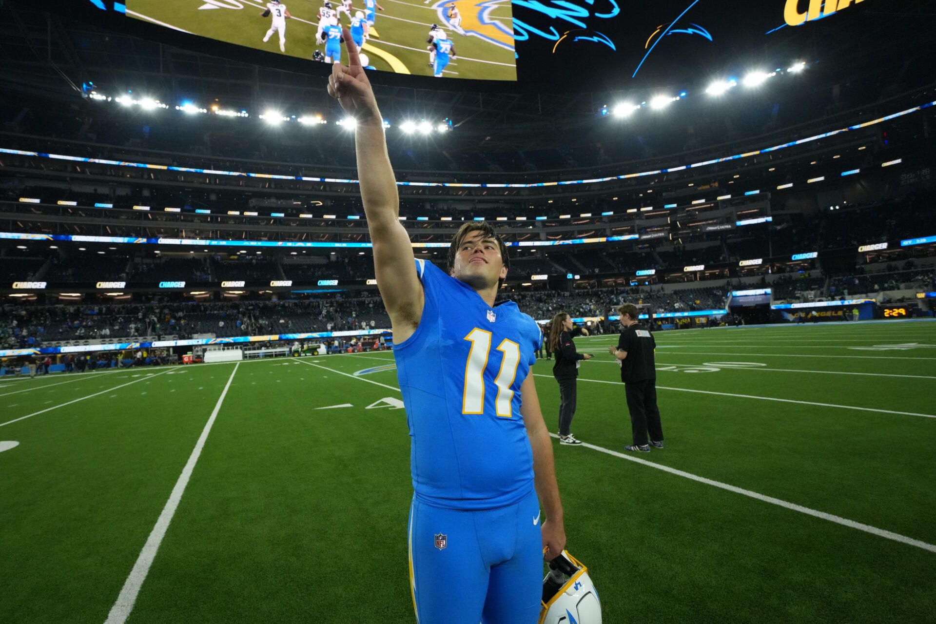 Los Angeles Chargers place kicker Cameron Dicker (11) celebrates after the game against the Philadelphia Eagles at SoFi Stadium.