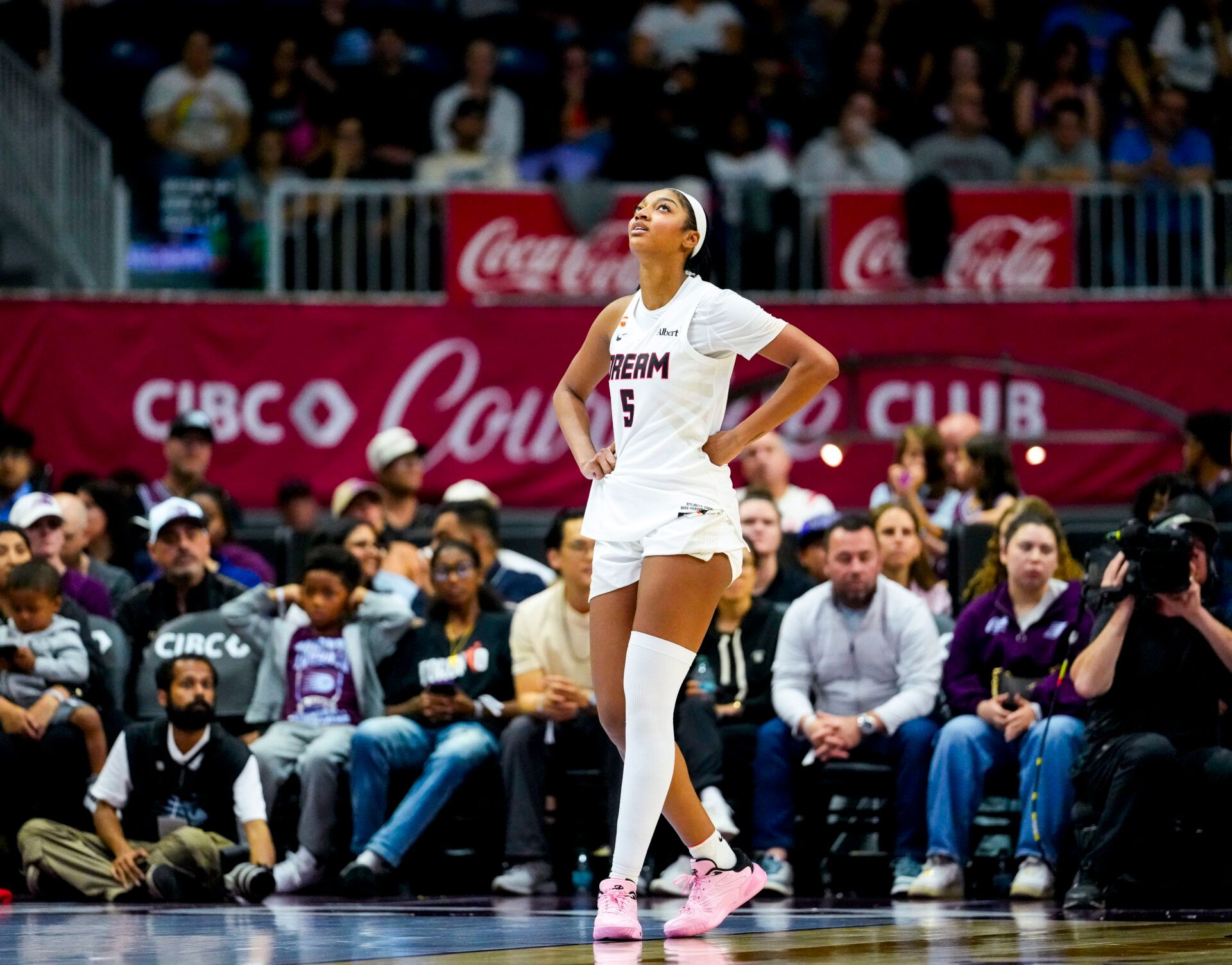 Atlanta Dream forward Angel Reese (5) looks up during the second half against the Toronto Tempo at Coca-Cola Coliseum.