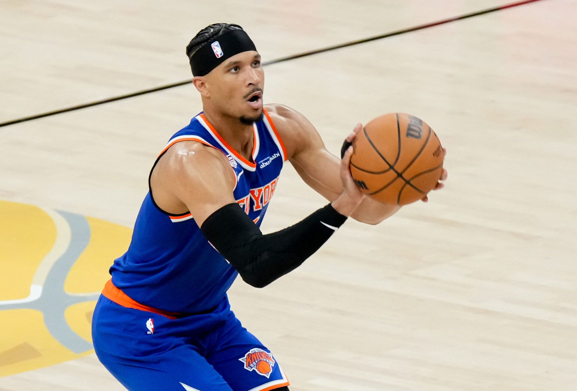 New York Knicks guard Josh Hart (3) shoots the ball against the San Antonio Spurs in the first half during game five of the 2026 NBA Finals at Frost Bank Center.