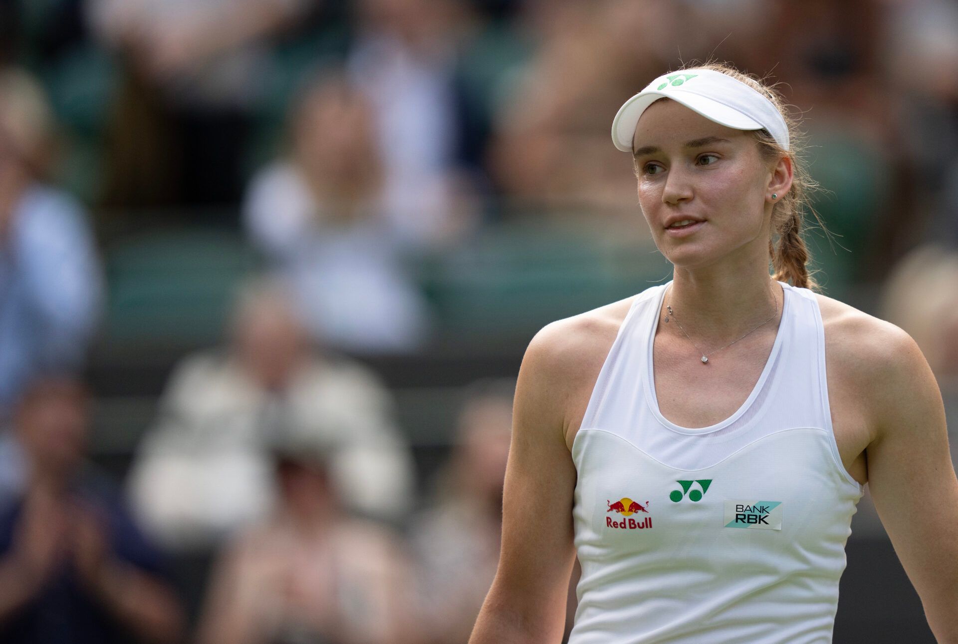 Elena Rybakina of Kazakhstan after winning her match against Maria Sakkari of Greece on day four at the All England Lawn Tennis and Croquet Club.