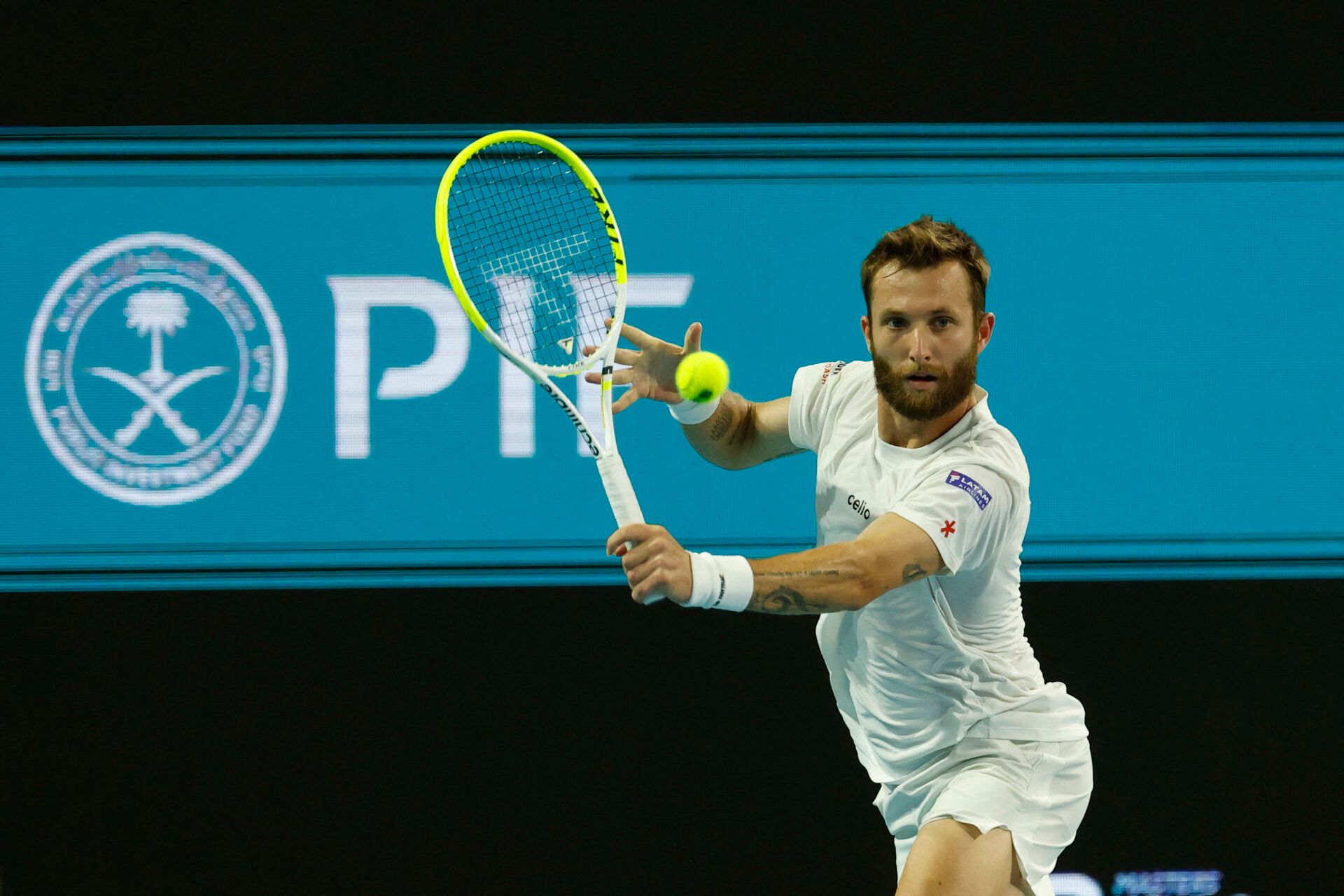 Corentin Moutet (FRA) hits a backhand against Jannik Sinner (ITA) (not pictured) on day 7 of the 2026 Miami Open at Hard Rock Stadium.