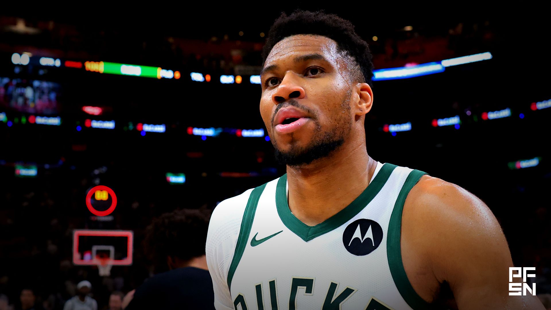 Milwaukee Bucks forward Giannis Antetokounmpo (34) looks on after the game against the Miami Heat at Kaseya Center.