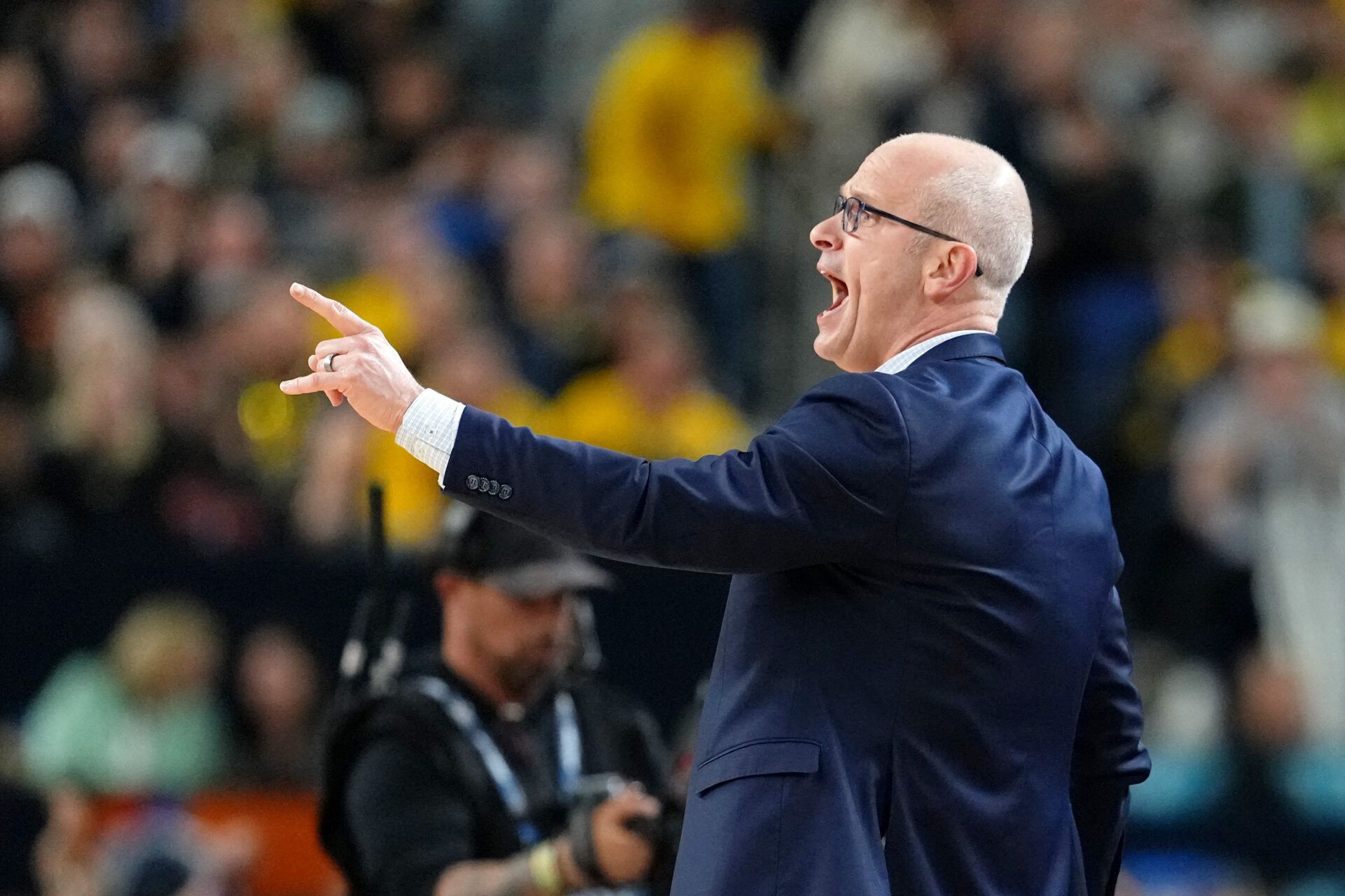 UConn Huskies head coach Dan Hurley reacts after a play against the Michigan Wolverines during the first half in the national championship of the Final Four of the men's 2026 NCAA Tournament between the  and the Michigan Wolverines at Lucas Oil Stadium.