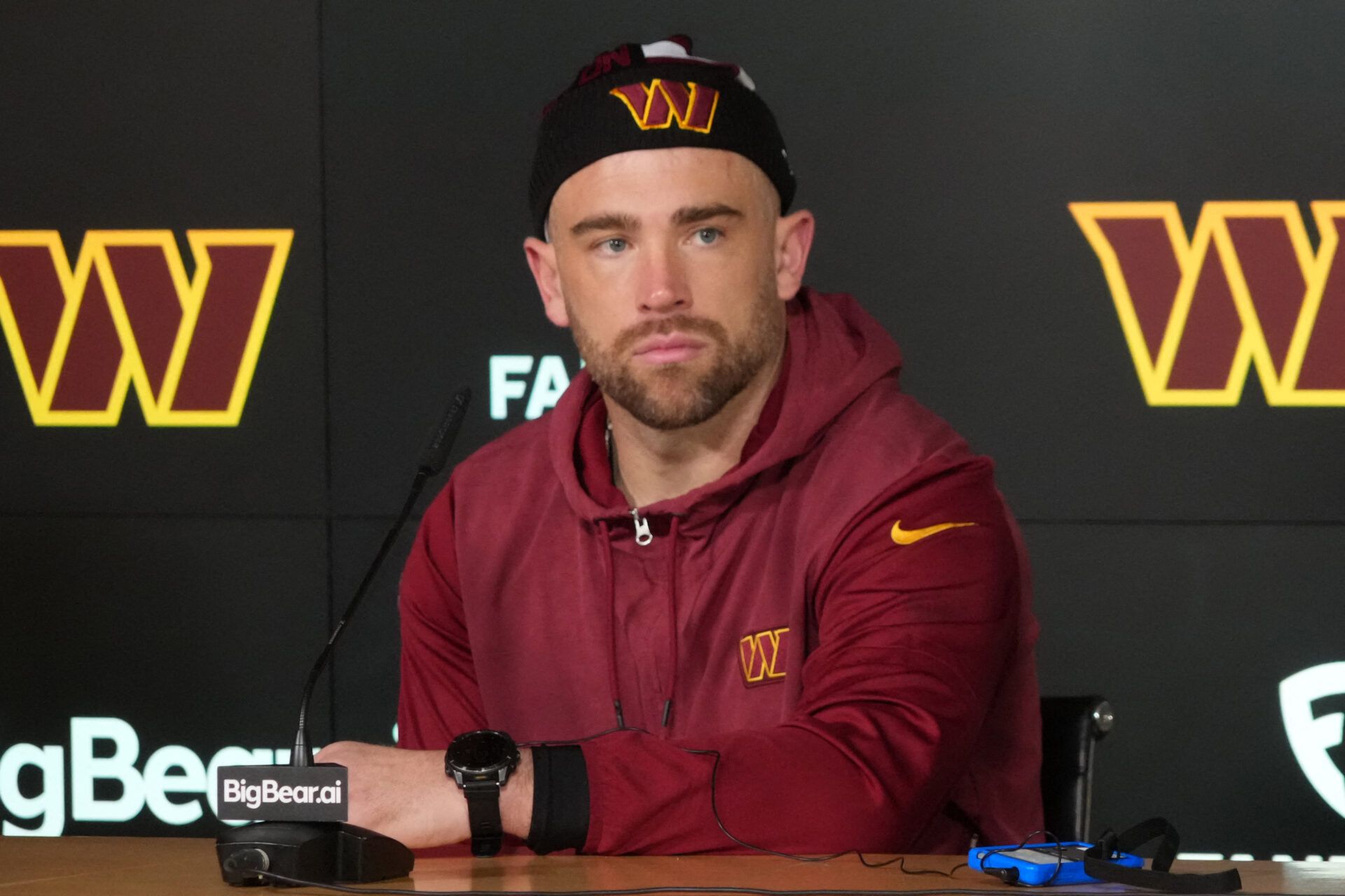 Washington Commanders tight end Zach Ertz at press conference at Ciudad Deportiva del Real Madrid.