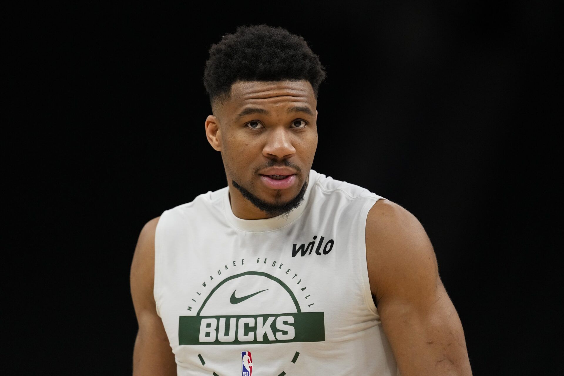 Milwaukee Bucks forward Giannis Antetokounmpo (34) during warmups prior to the game against the San Antonio Spurs at Fiserv Forum.