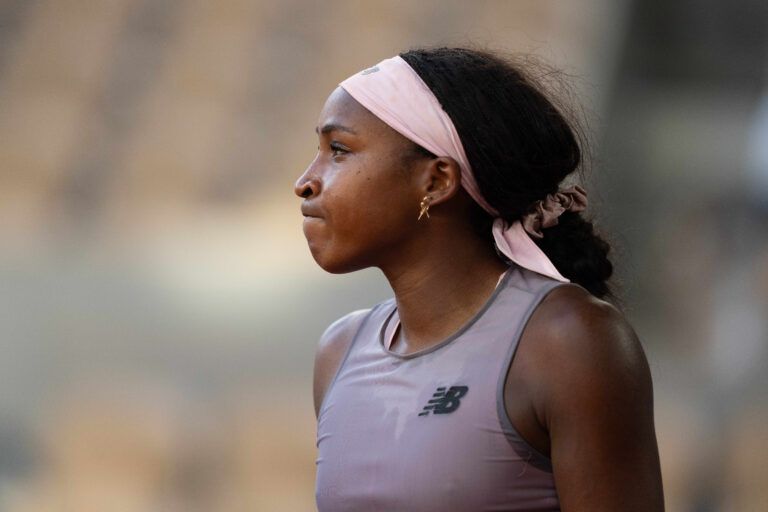 Coco Gauff of the United States reacts during her match against Anastasia Potapova of Austria on day seven at Stade Roland Garros.