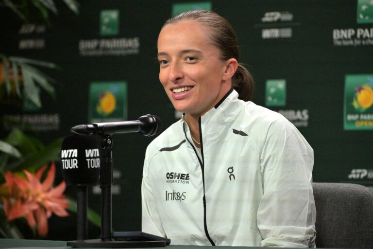 Iga Swiatek (POL) speaks to the media at a news conference during the BNP Paribas Open at the Indian Wells Tennis Garden.