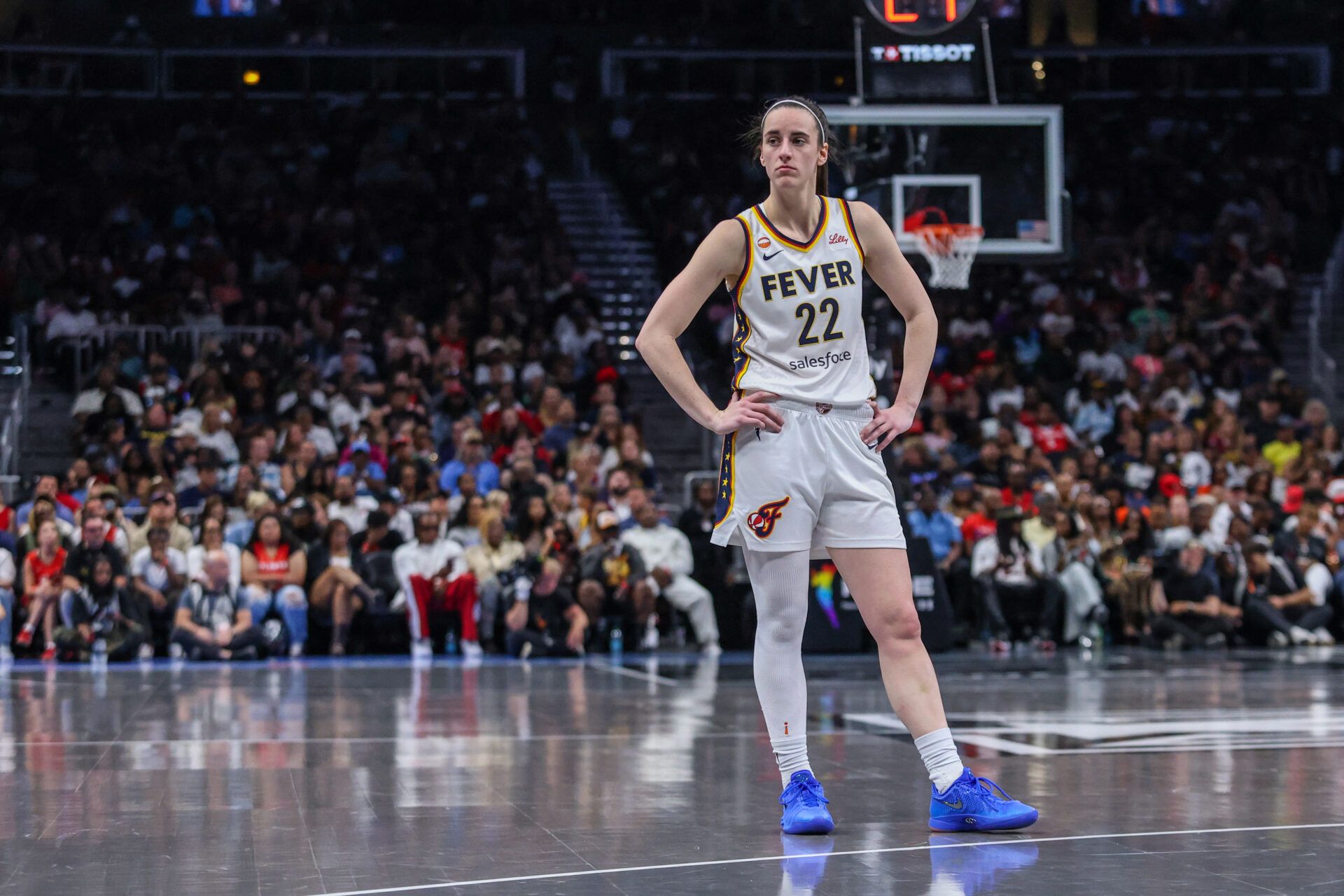Indiana Fever guard Caitlin Clark (22) looks on during the game against the Atlanta Dream during the fourth quarter at State Farm Arena.