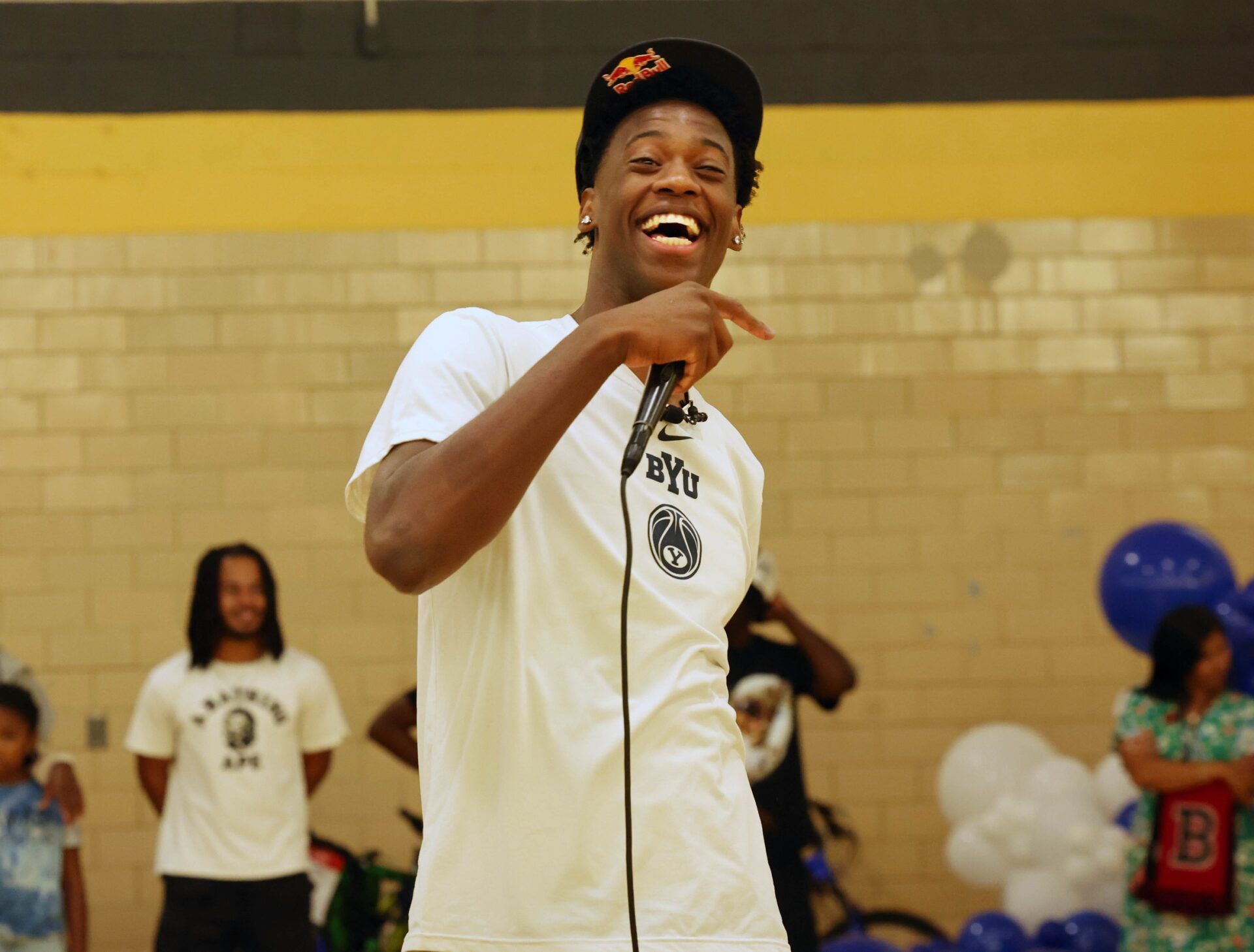 AJ Dybantsa is all smiles as the audience guesses his favorite foods, and music during his 2nd annual backpack giveaway at West Middle School in Brockton on Wednesday, Aug. 27, 2025.