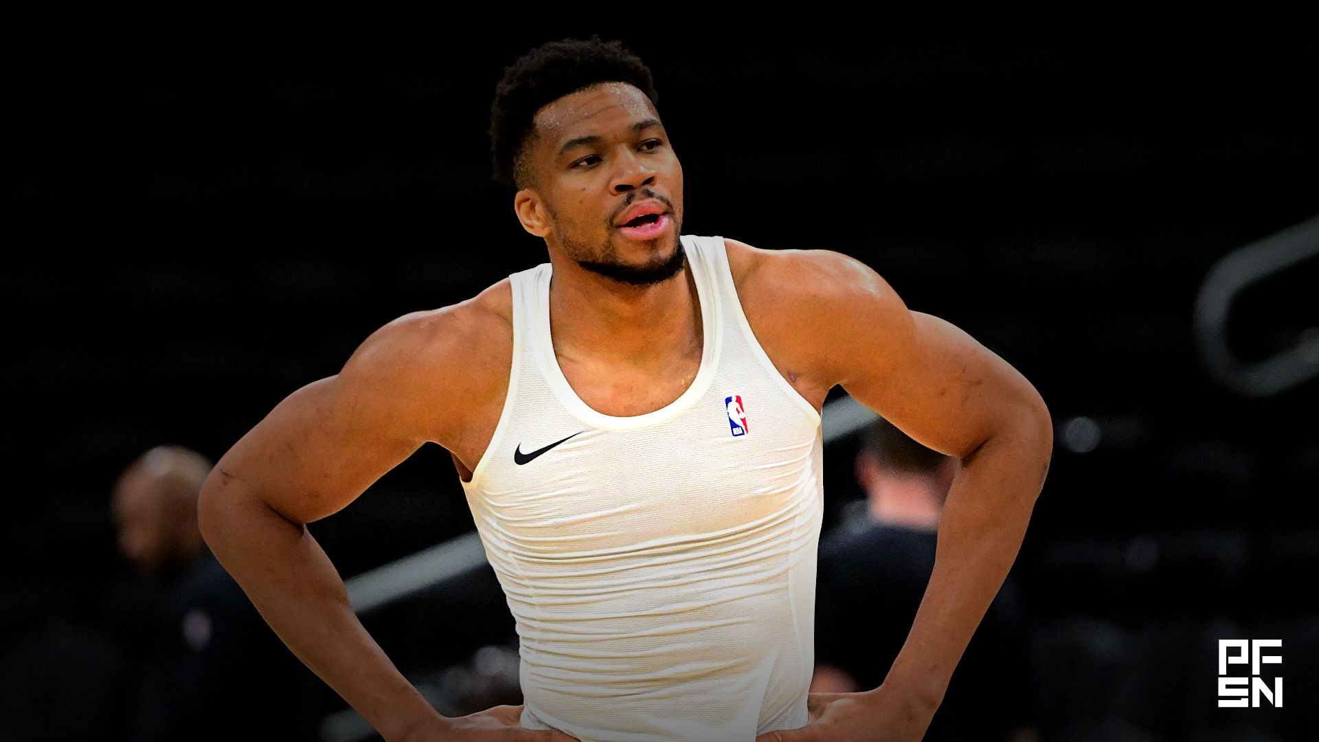Milwaukee Bucks forward Giannis Antetokounmpo (34) warms up before the game against the Boston Celtics at Fiserv Forum.