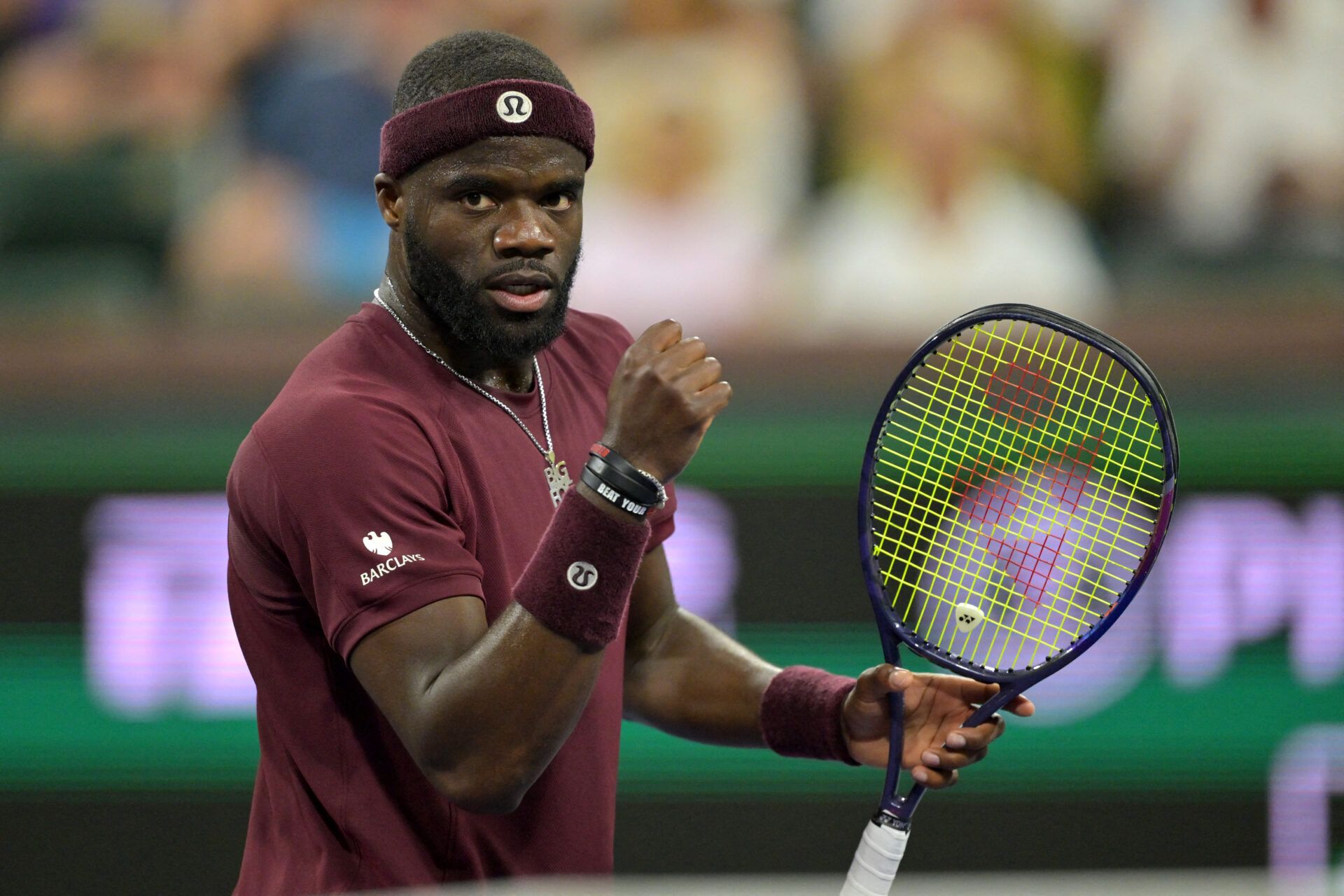 Frances Tiafoe (USA) reacts during his third round match against Flavio Cobolli (ITA) in the BNP Paribas Open at the Indian Wells Tennis Garden.