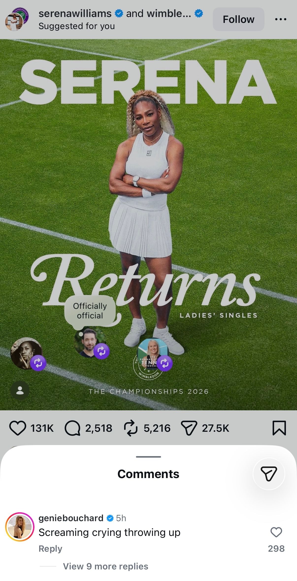 Eugenie Bouchard's Comment on Serena Williams and Wimbledon's Instagram Post.