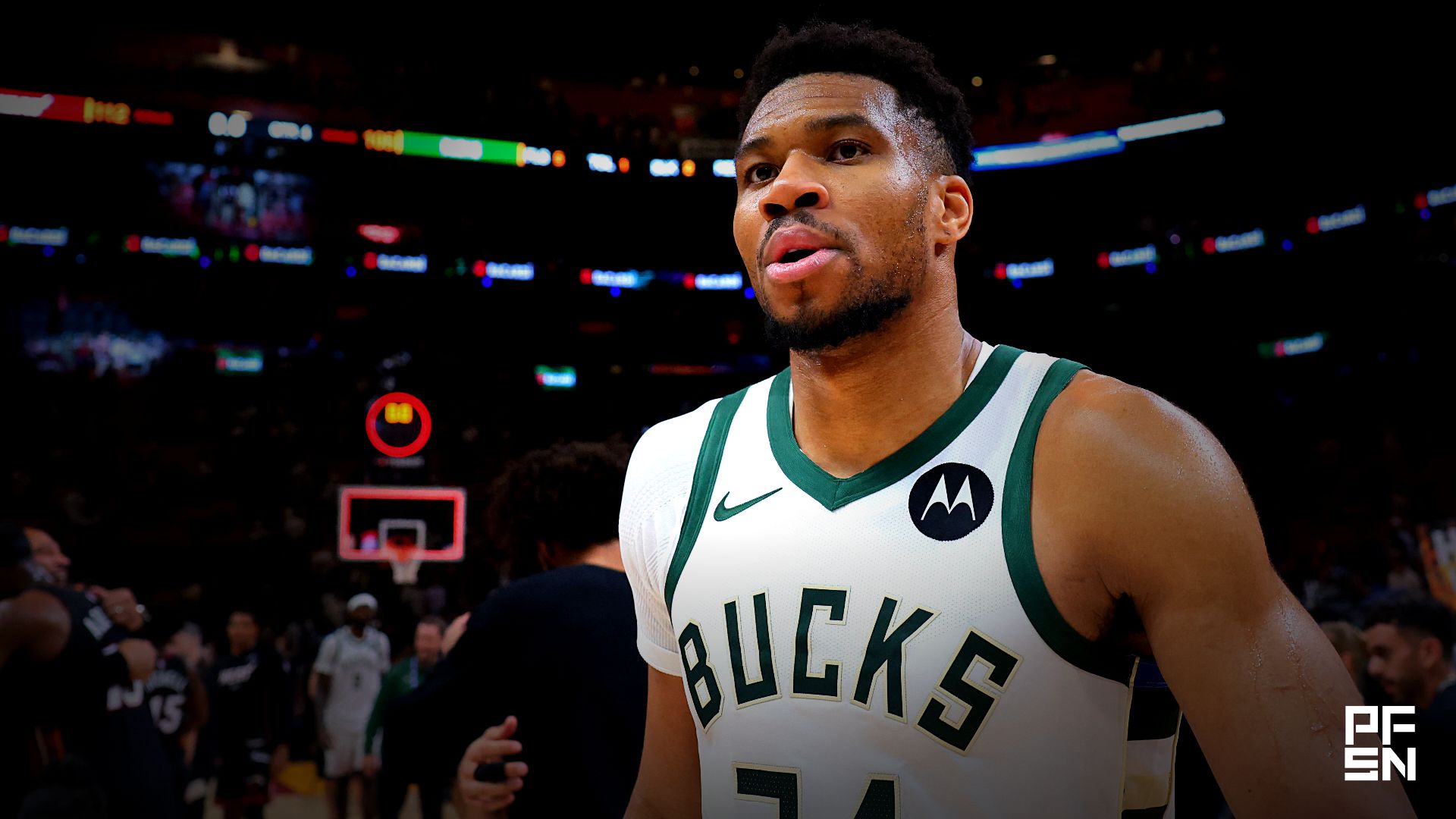 Milwaukee Bucks forward Giannis Antetokounmpo (34) looks on after the game against the Miami Heat at Kaseya Center.