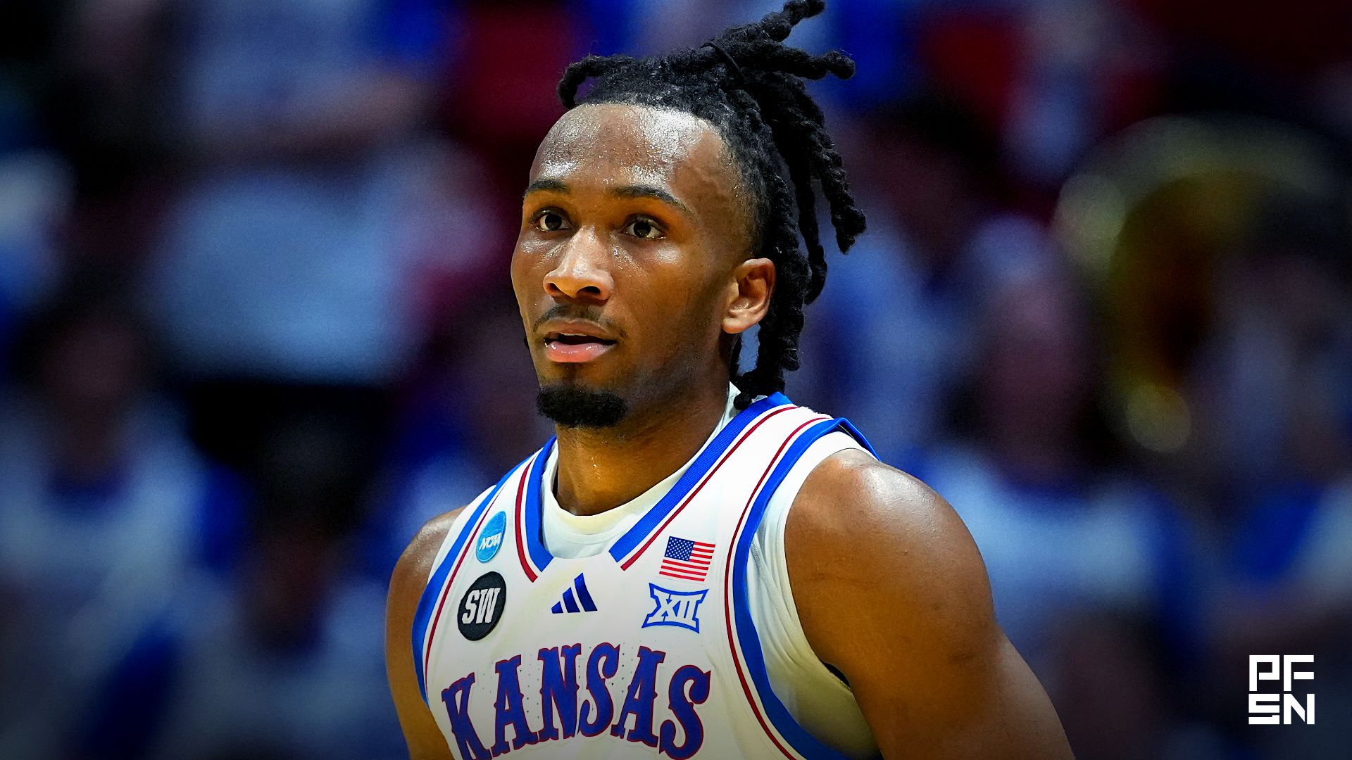 Kansas Jayhawks guard Darryn Peterson (22) looks on in the first half against the California Baptist Lancers during a first round game of the men's 2026 NCAA Tournament at Viejas Arena.